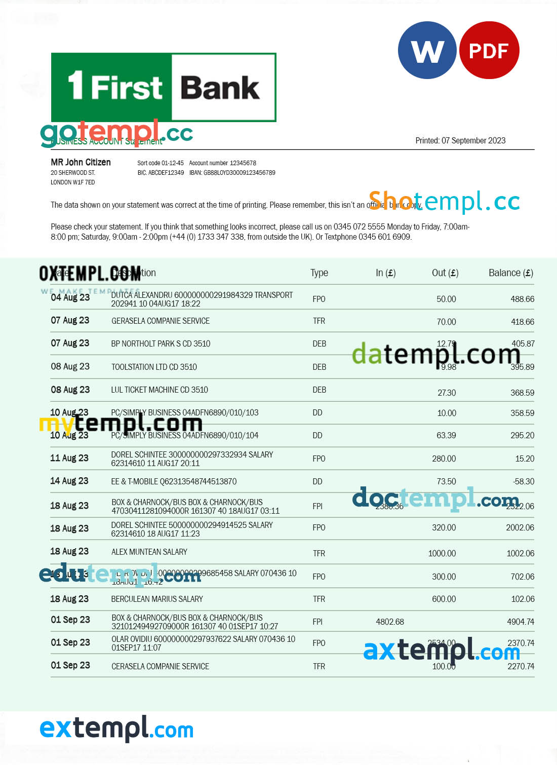 editable template, First Bancorp Bank Business statement Word and PDF template