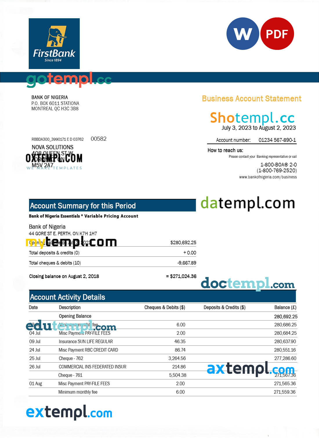editable template, United Kingdom Nationwide bank statement template in Excel and PDF file format