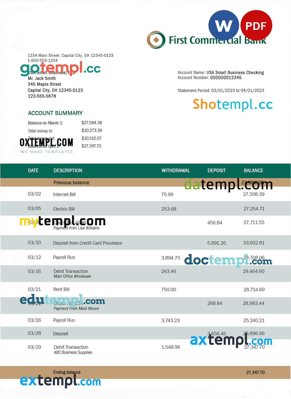 editable template, FIRST Commercial Bank company statement Word and PDF template