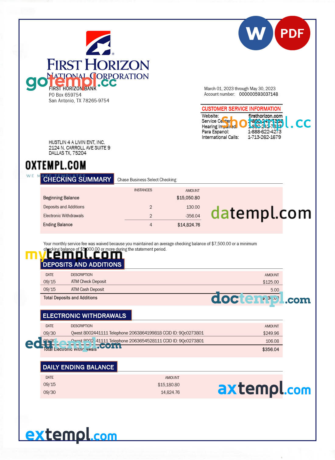 editable template, FIRST Horizon Bank company checking account statement Word and PDF template