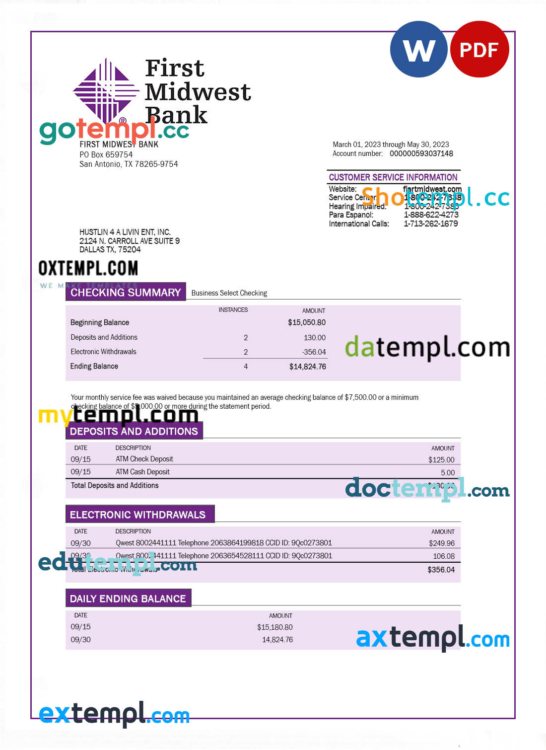 editable template, First Midwest Bank company account statement Word and PDF template
