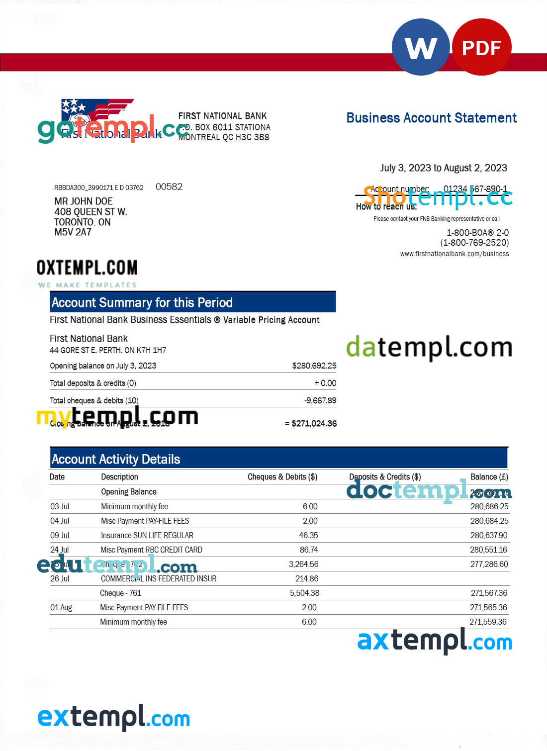 editable template, FIRST National Bank firm statement Word and PDF template
