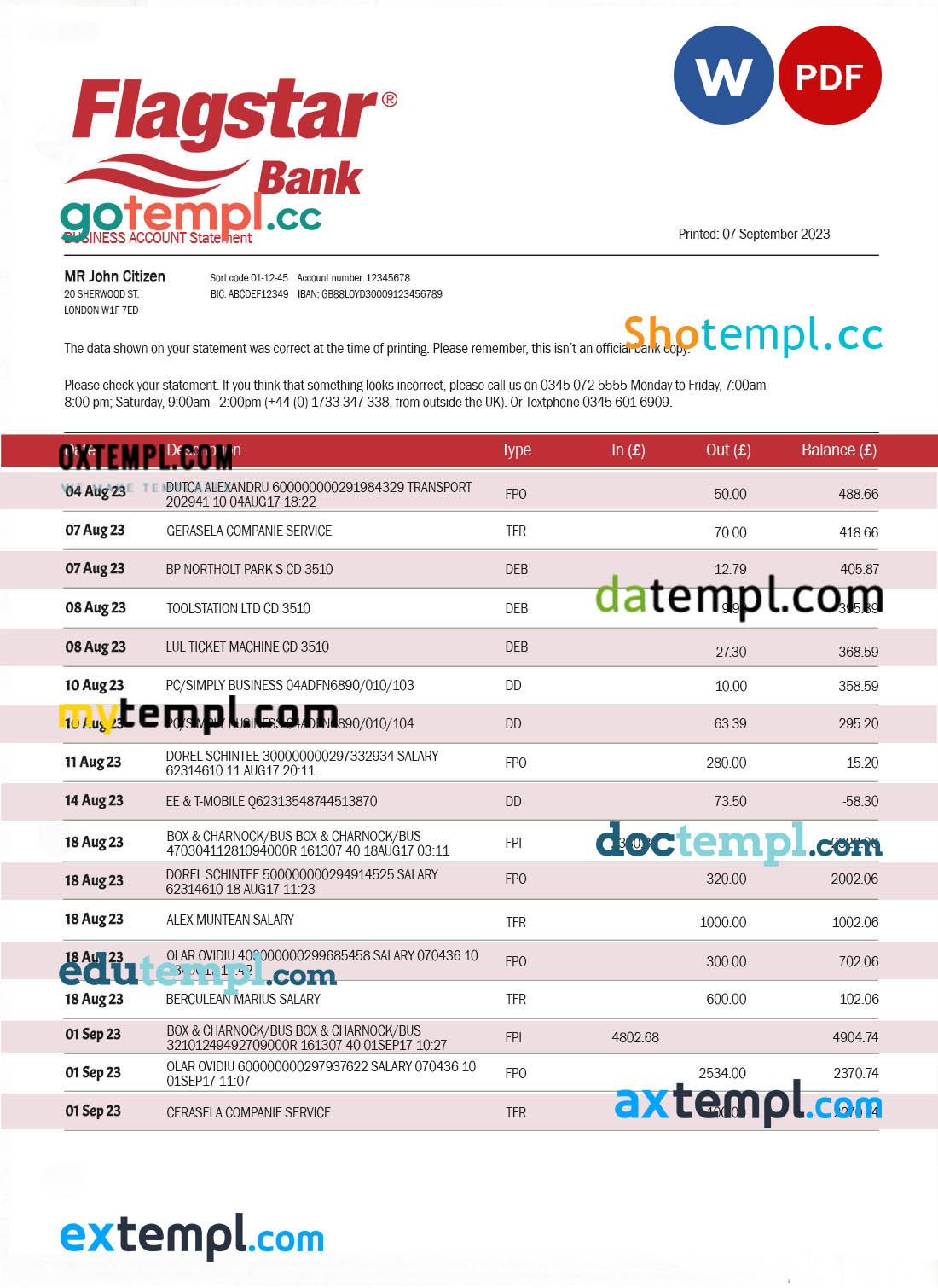 editable template, Flagstar Bank organization account statement Word and PDF template