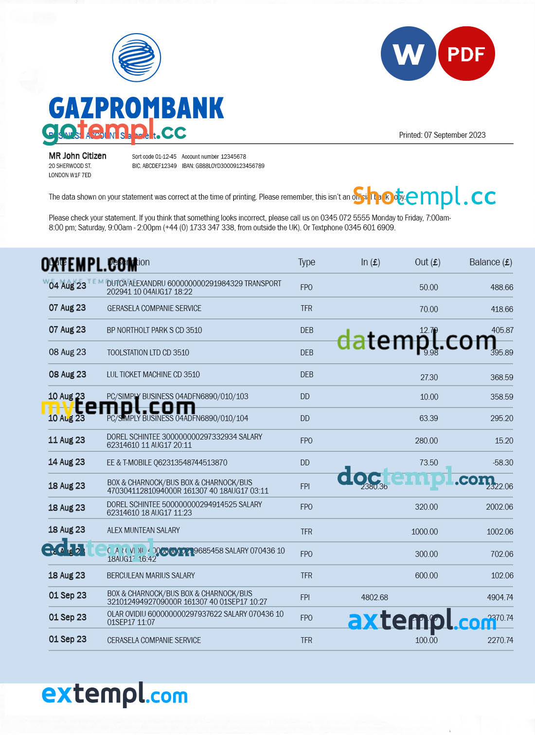 editable template, Gazprombank firm account statement Word and PDF template