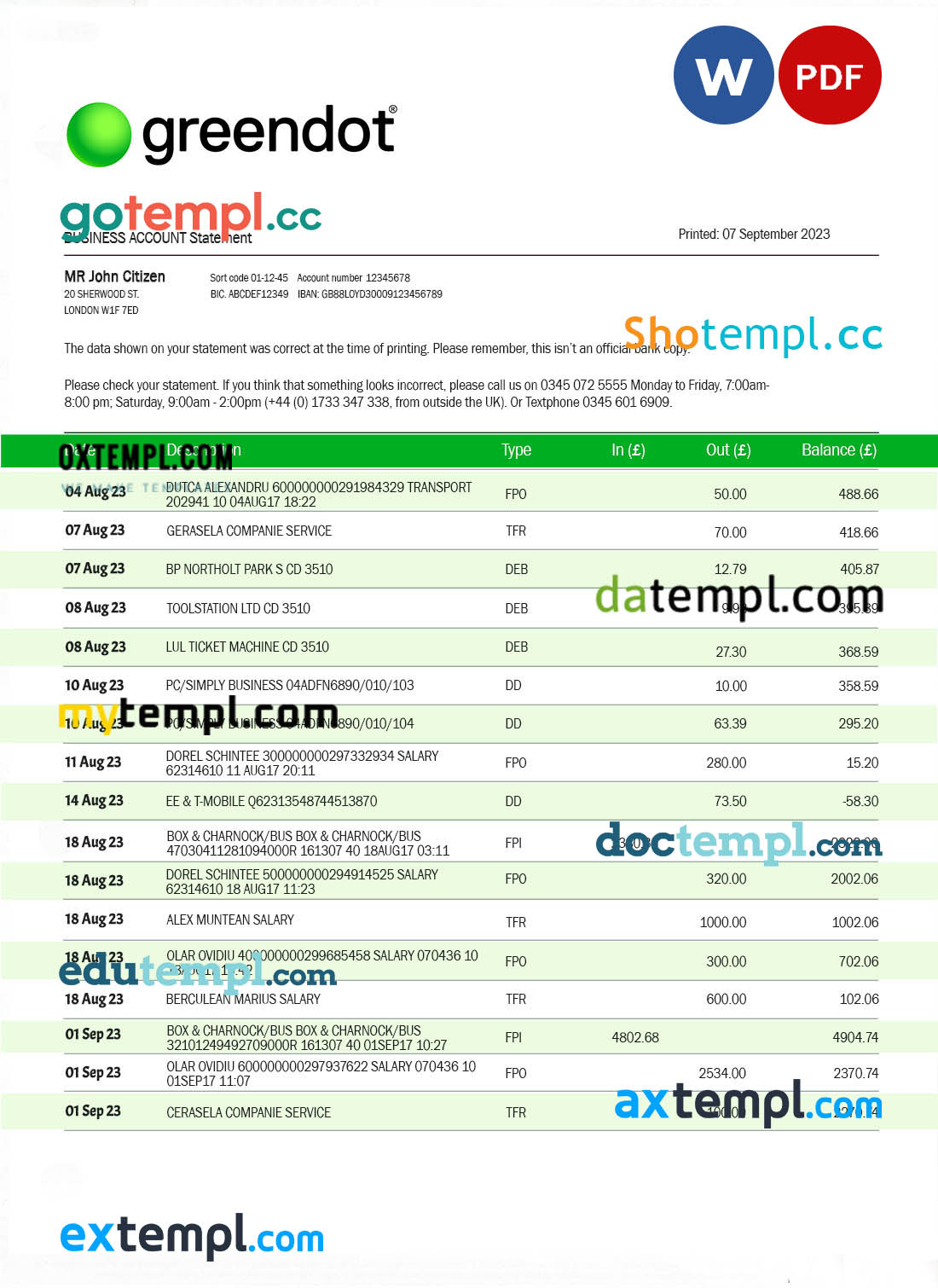 editable template, Green Dot Bank business checking account statement Word and PDF template
