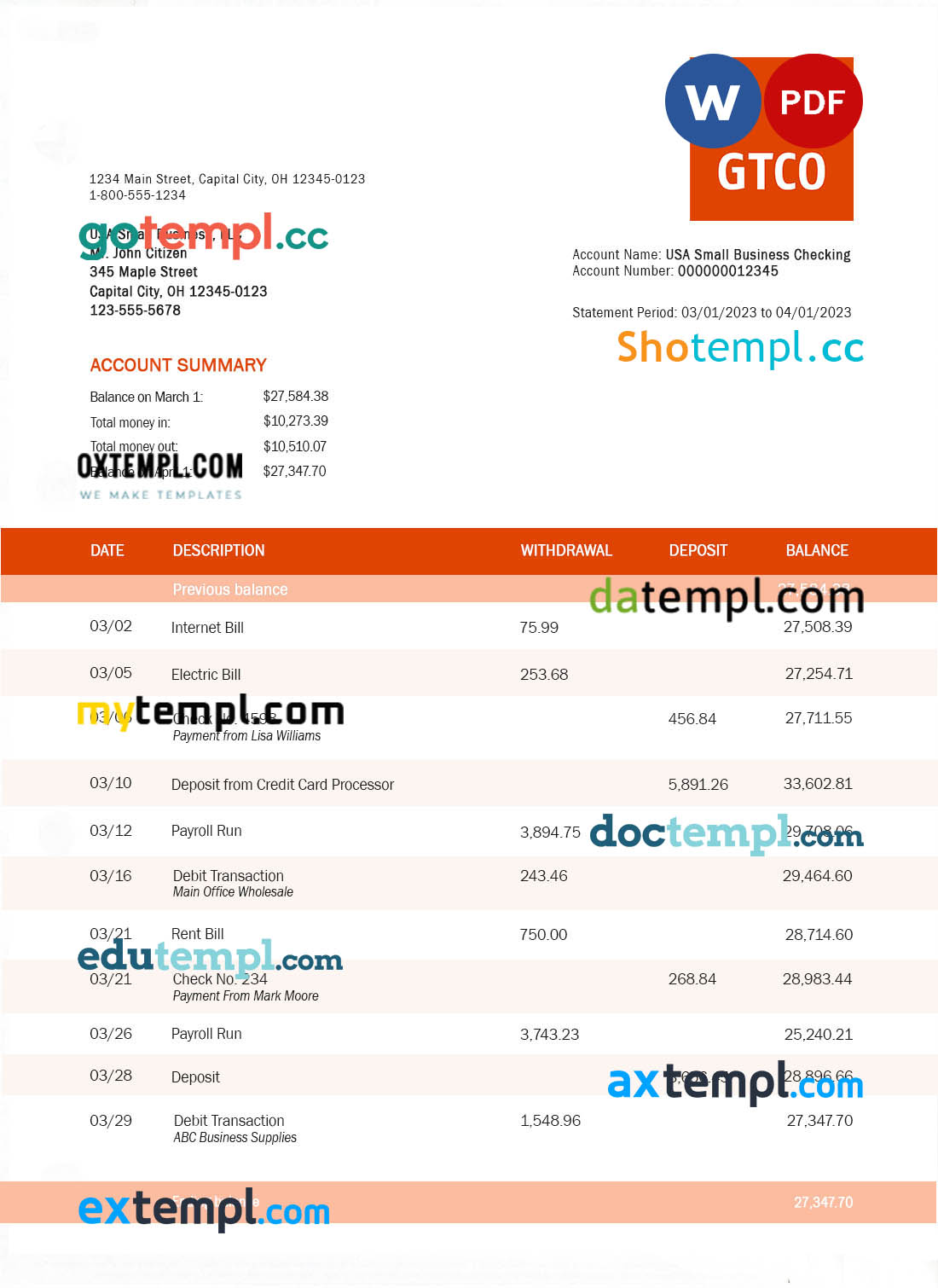 editable template, Gt Bank organization checking account statement Word and PDF template
