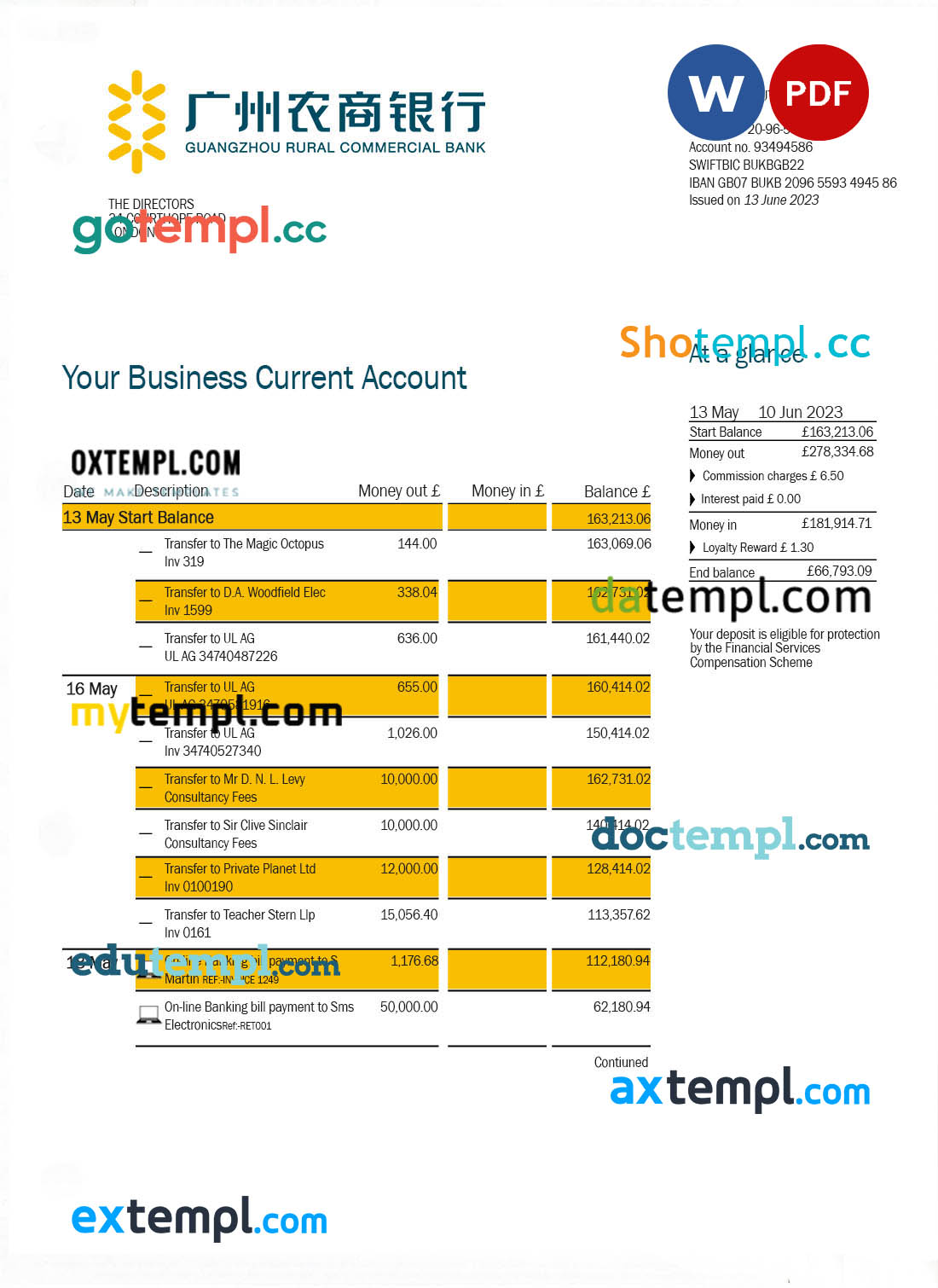 editable template, GUANGZHOU Rural Commercial Bank company statement Word and PDF template