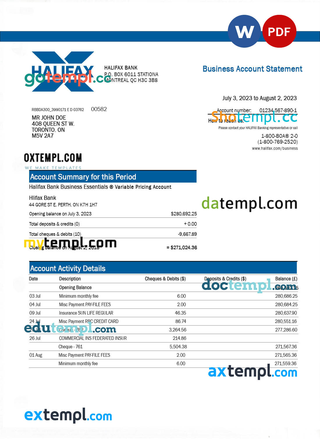 editable template, HALIFAX Bank organization statement Word and PDF template