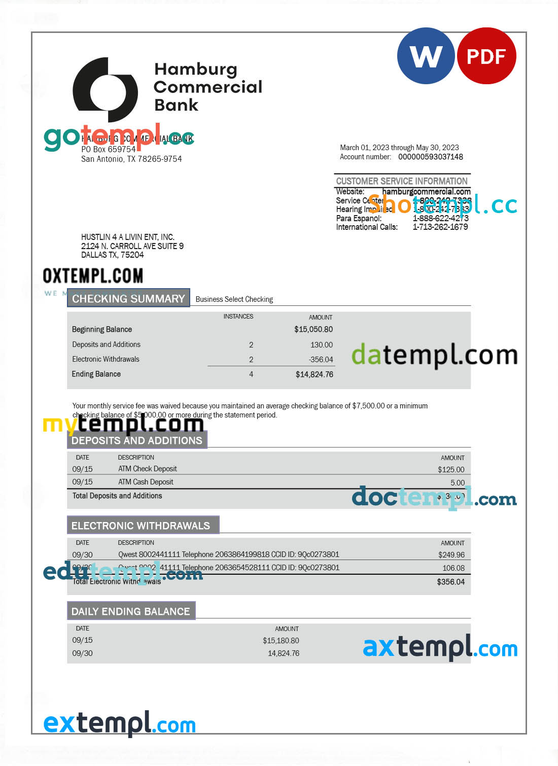 editable template, Hamburg Commercial Bank enterprise account statement Word and PDF template