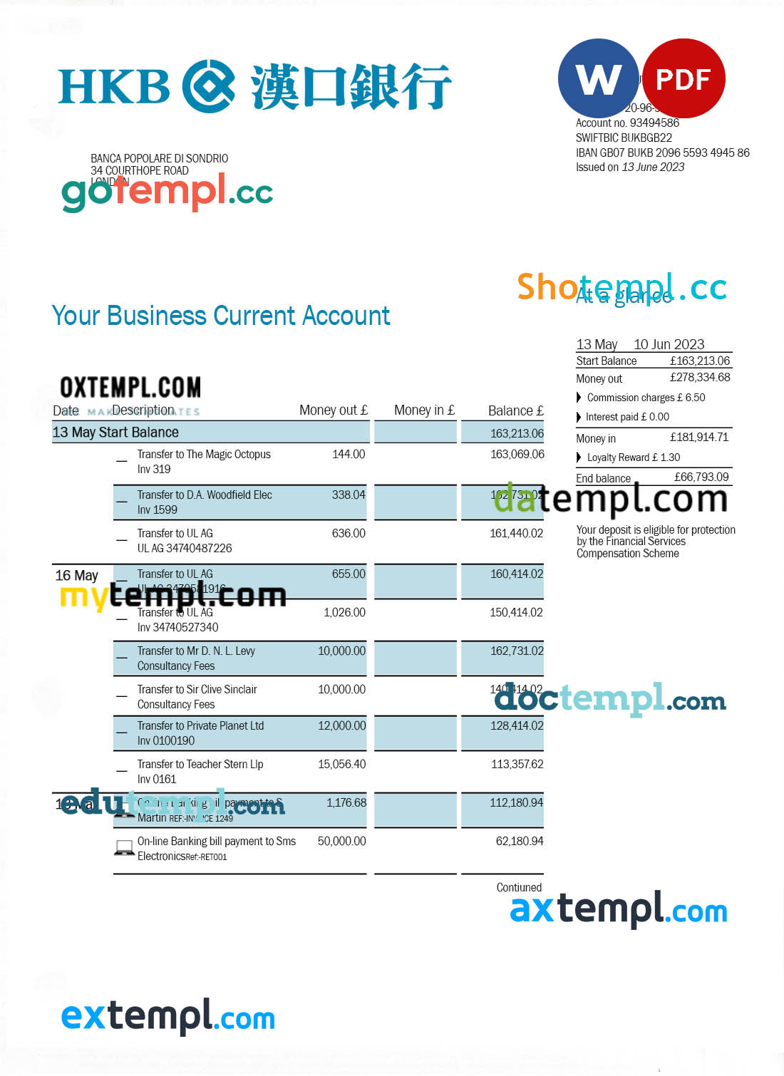 editable template, Hankou Bank organization account statement Word and PDF template