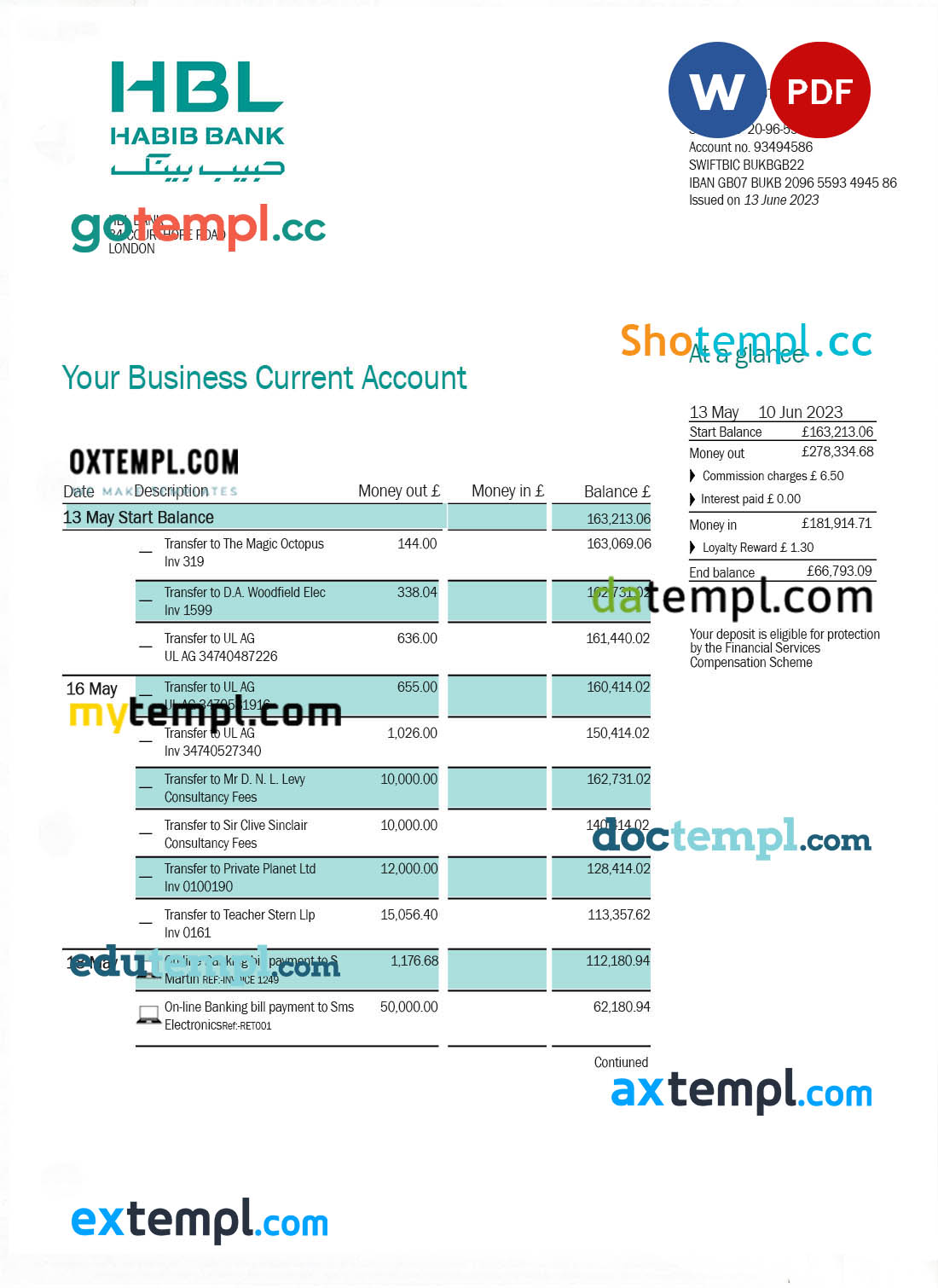 editable template, Hbl Bank firm account statement Word and PDF template