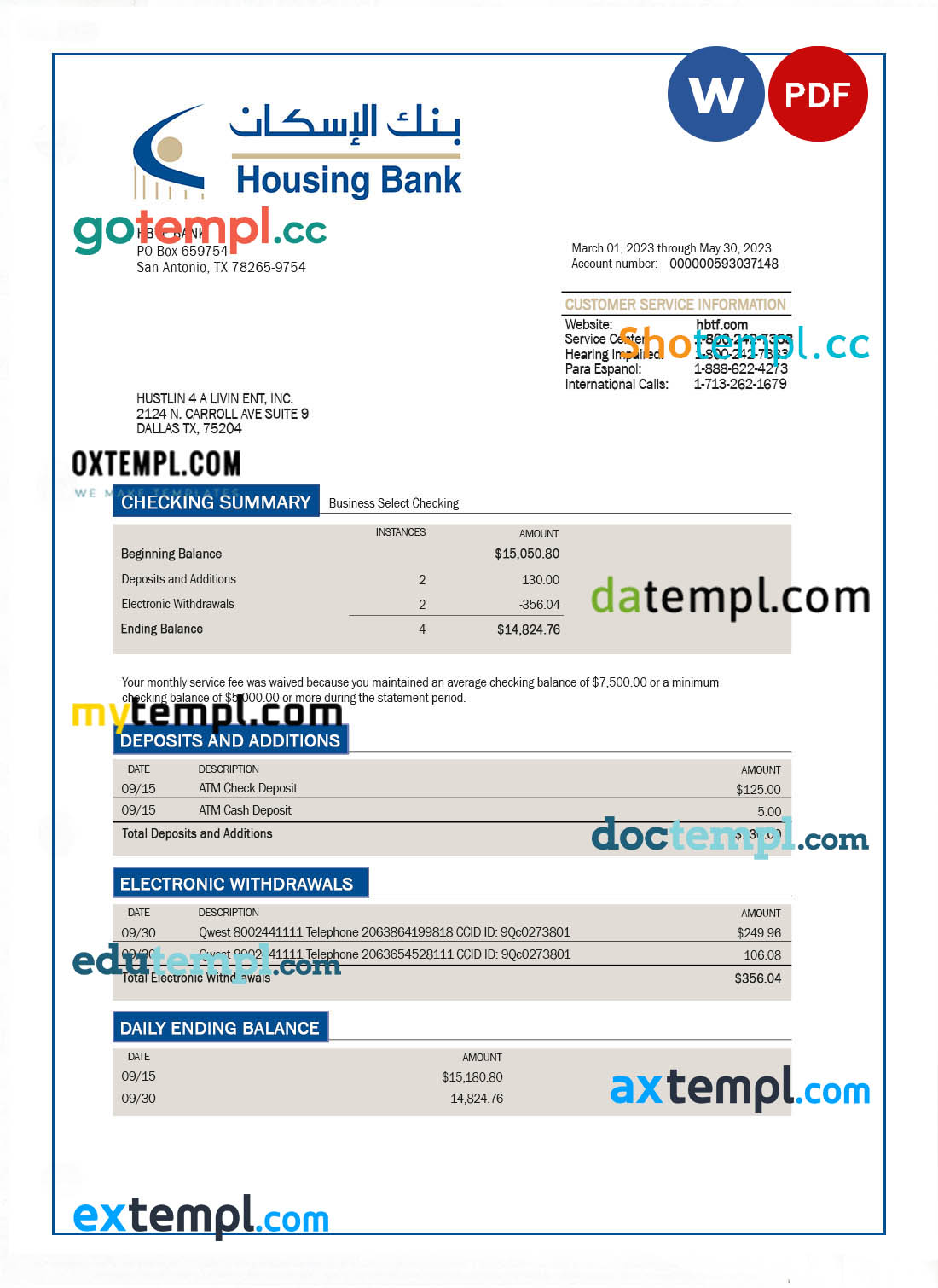 editable template, HBTF Bank firm account statement Word and PDF template