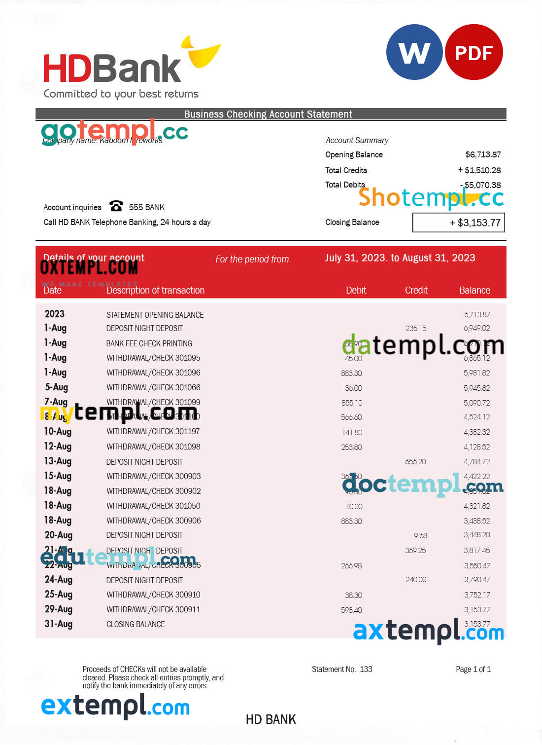 editable template, HD Bank company account statement Word and PDF template
