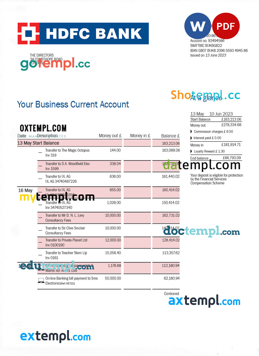 editable template, HDFC Bank firm account statement Word and PDF template