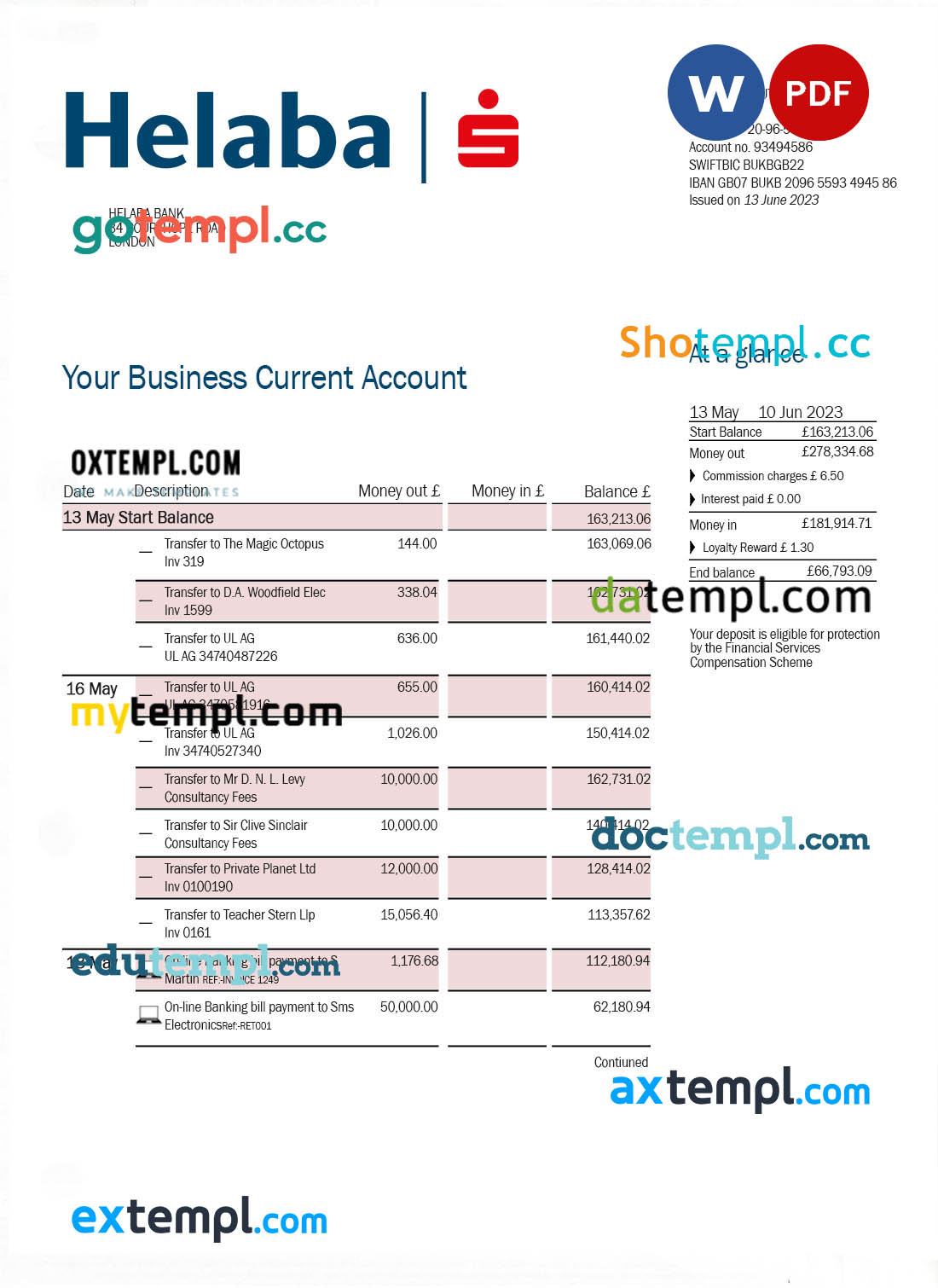 editable template, Helaba Bank firm account statement Word and PDF template
