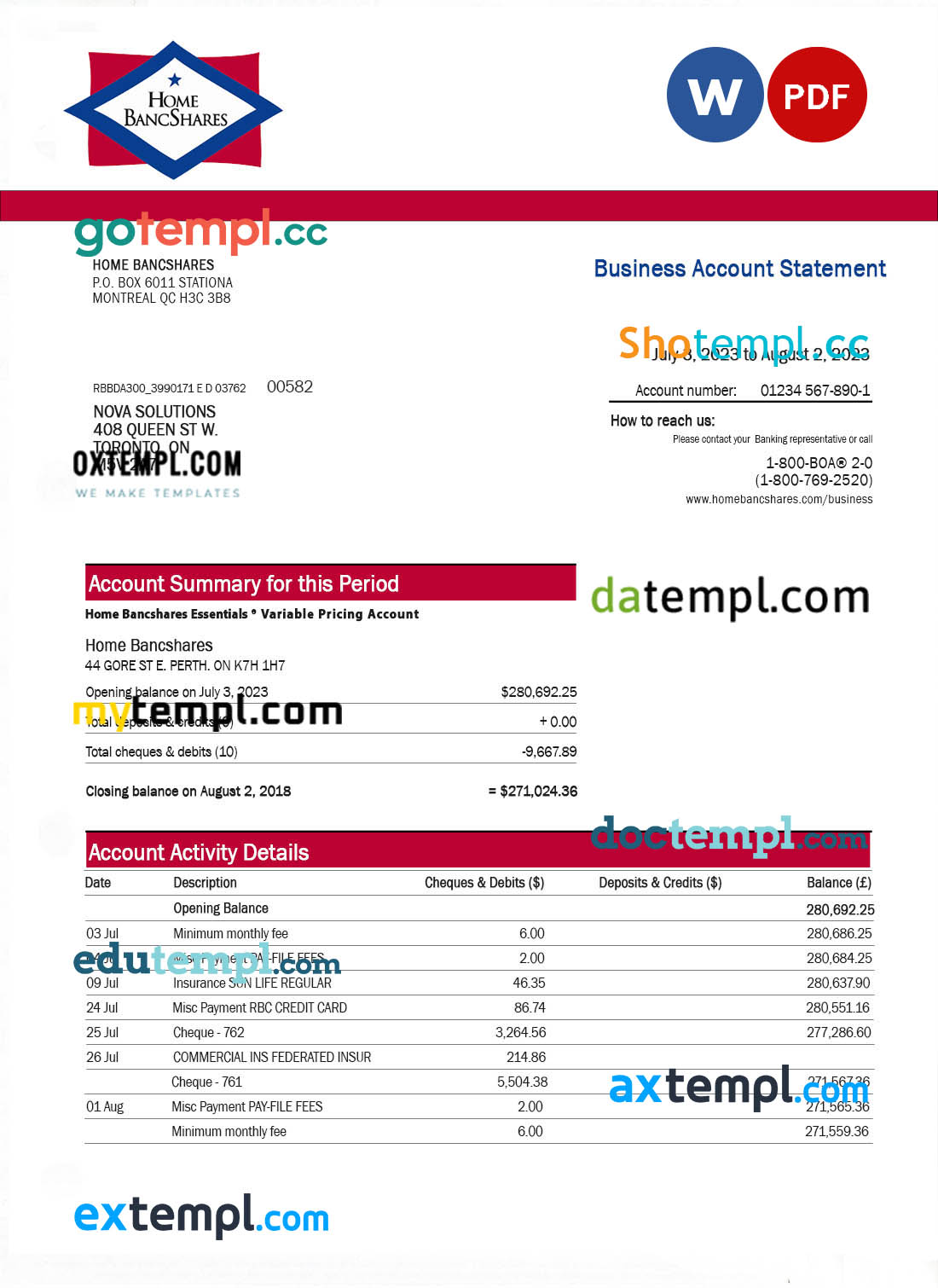editable template, Home Bancshares Bank firm account statement Word and PDF template