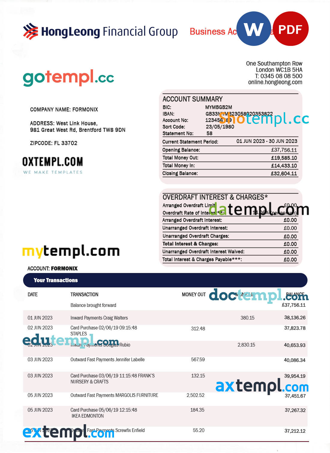 editable template, HONG Leong Financial Bank organization statement Word and PDF template