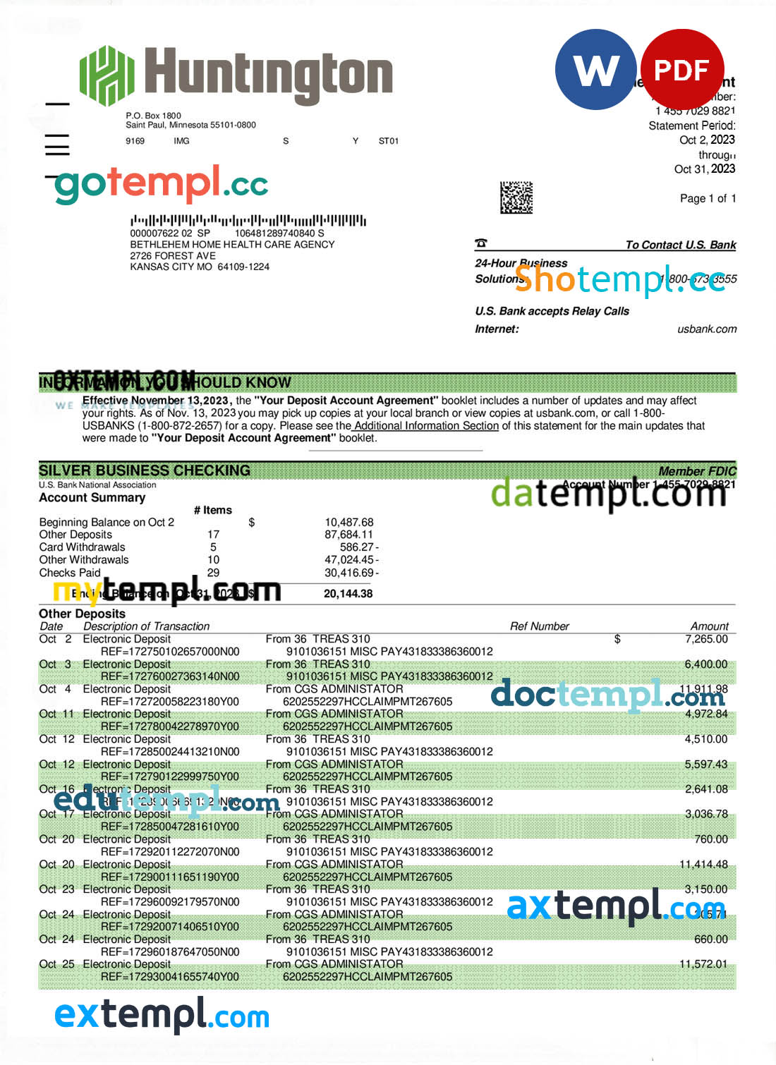 editable template, HUNTINGTON Bancshares corporate bank statement Word and PDF template