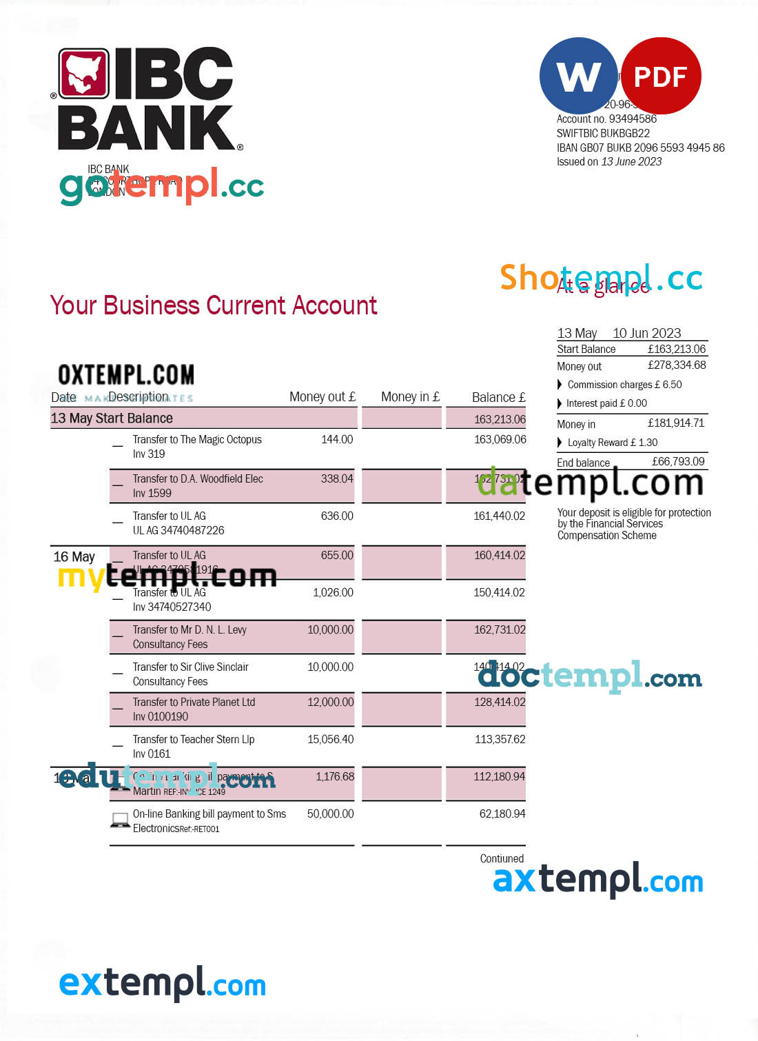 editable template, IBC Bank business checking account statement Word and PDF template