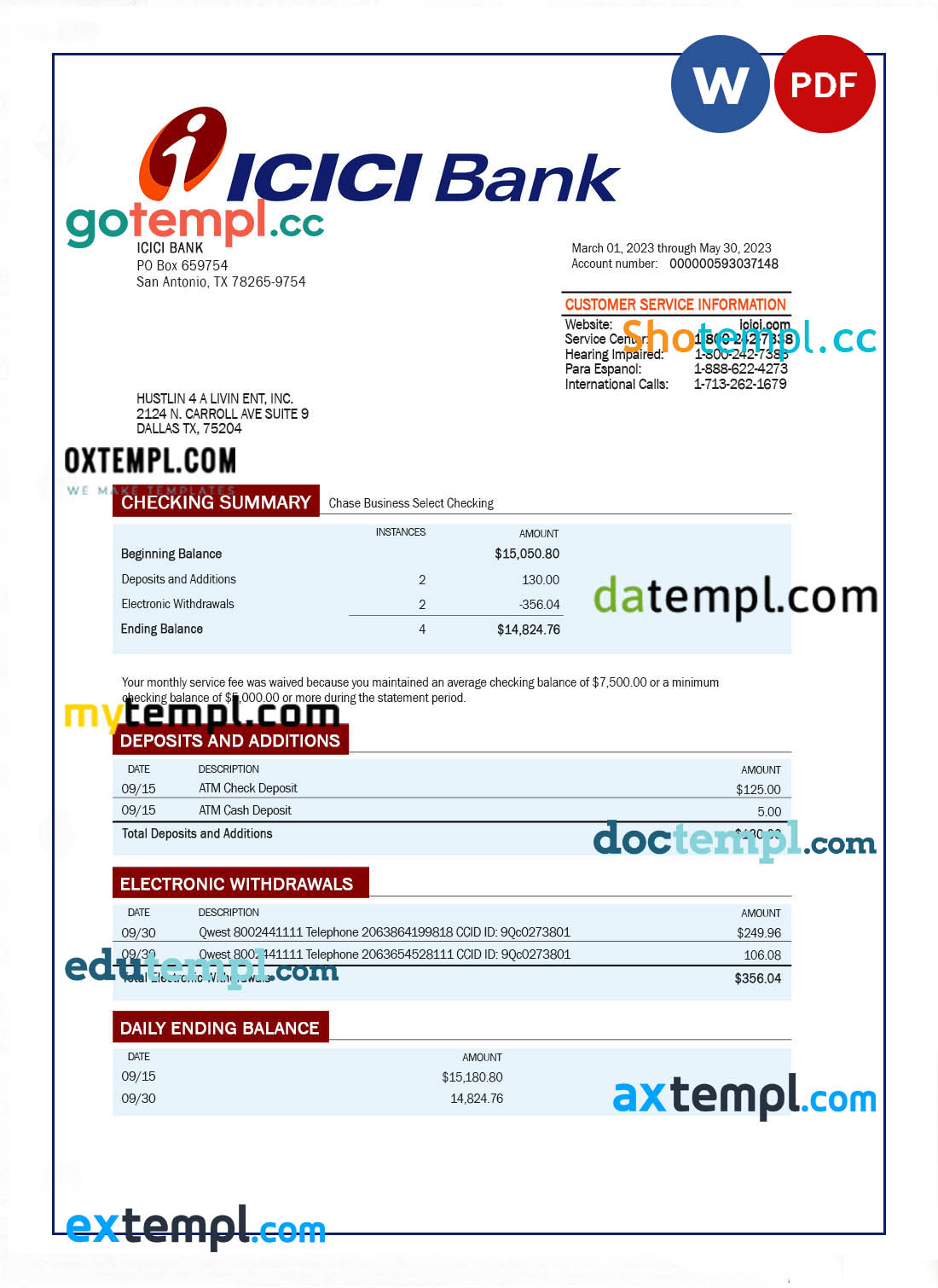 editable template, ICICI Bank firm account statement Word and PDF template