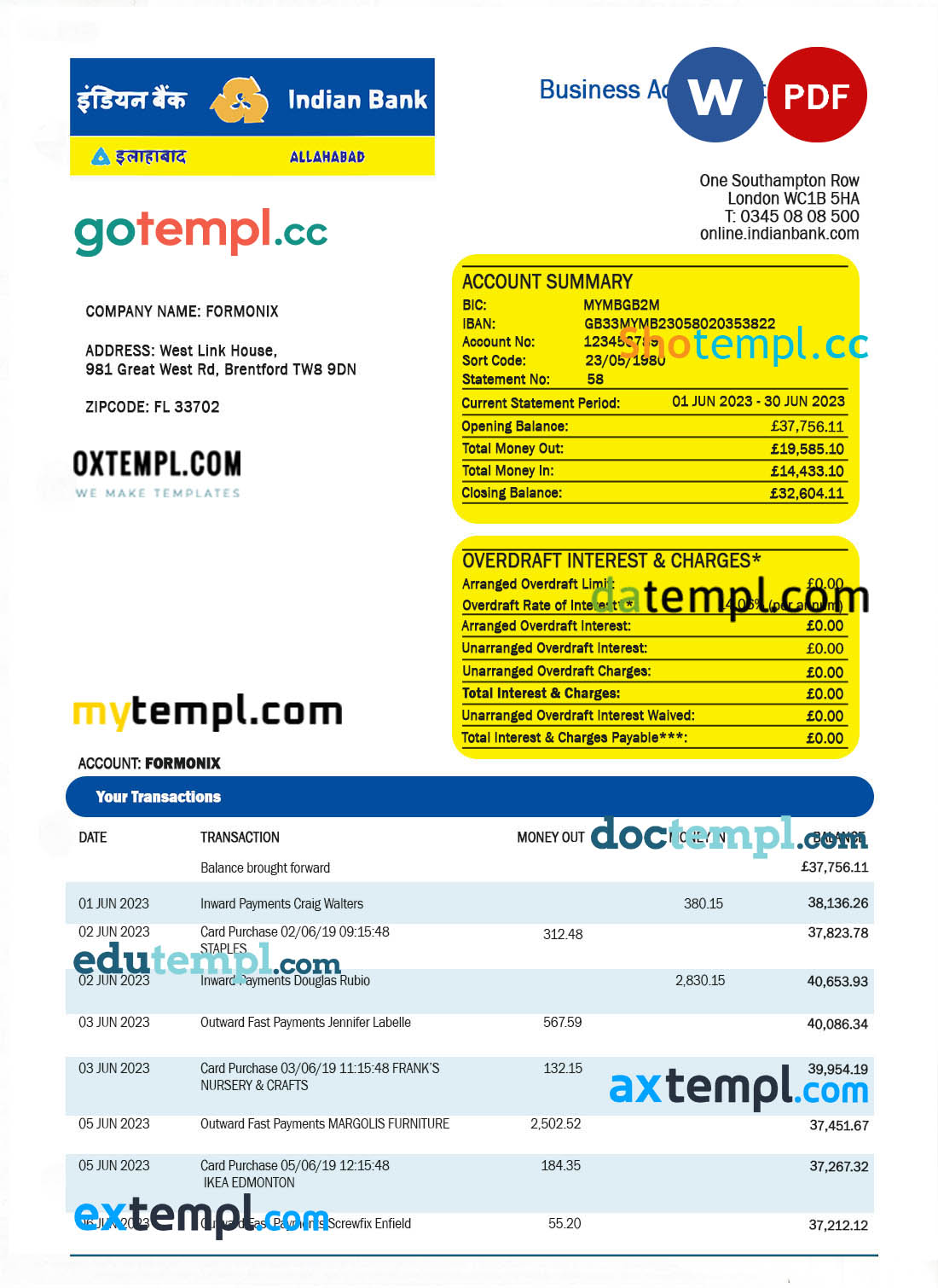 editable template, Indian Bank organization checking account statement Word and PDF template