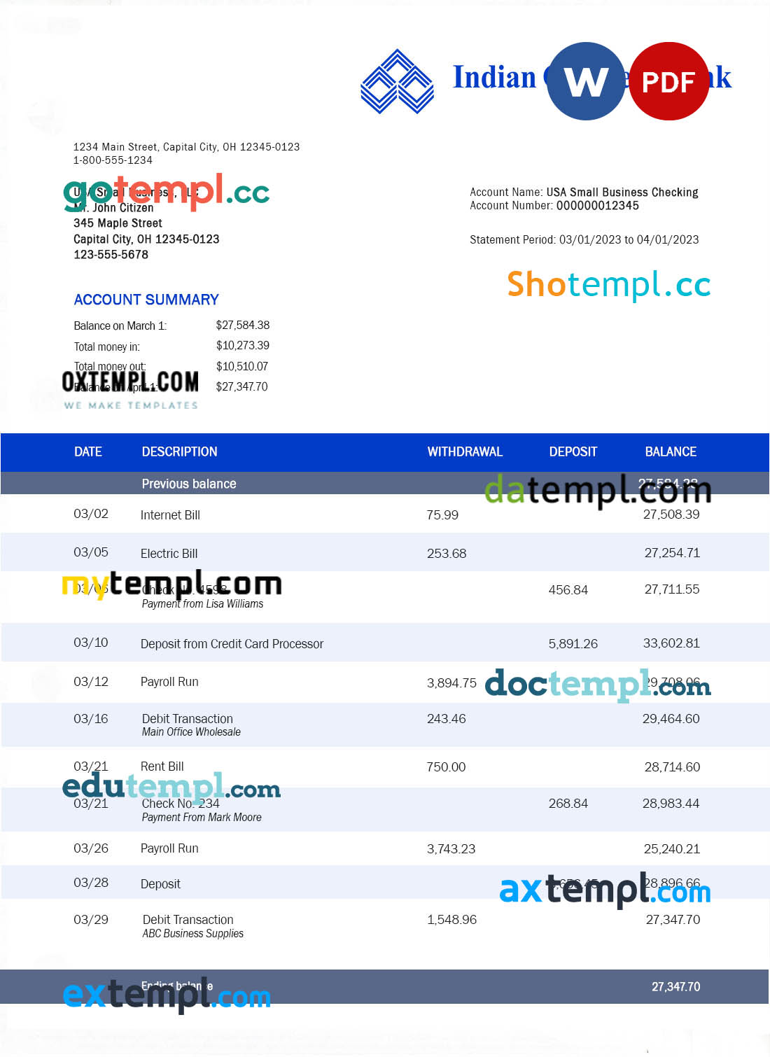 editable template, Indian Overseas Bank organization account statement Word and PDF template