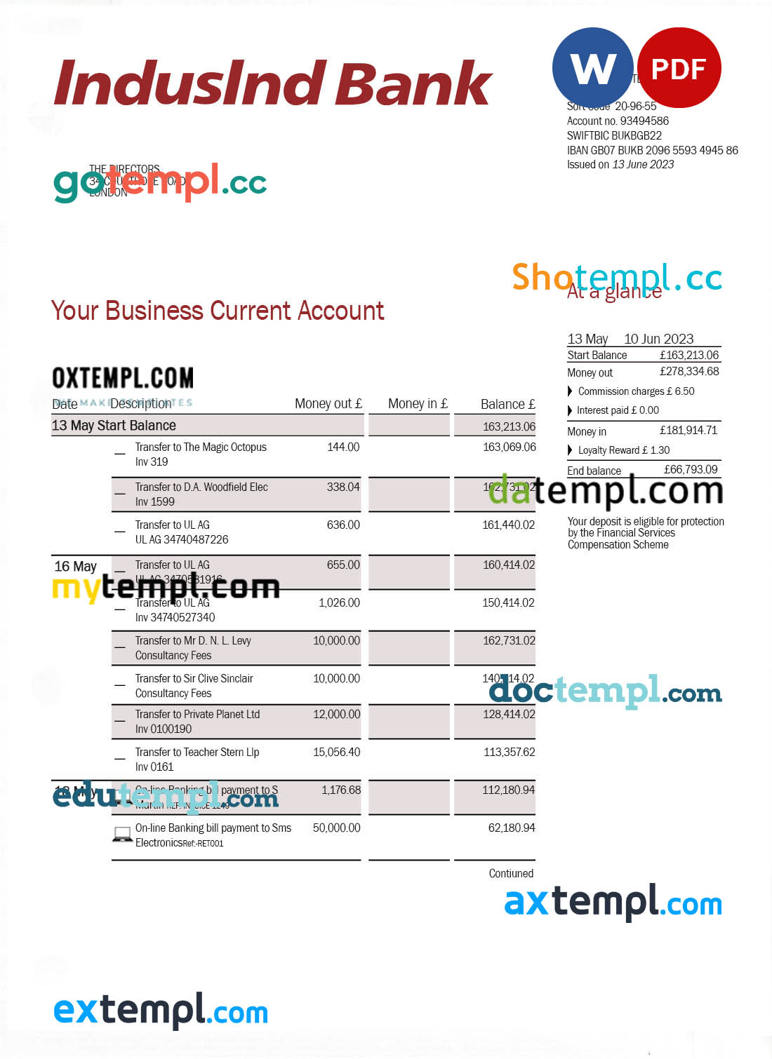editable template, INDUSIND Bank enterprise statement Word and PDF template
