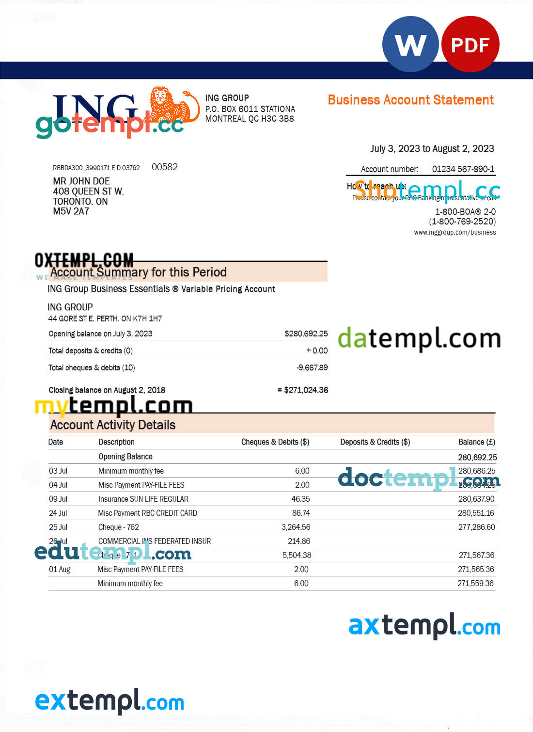 editable template, ING Groep bank company account statement Word and PDF template