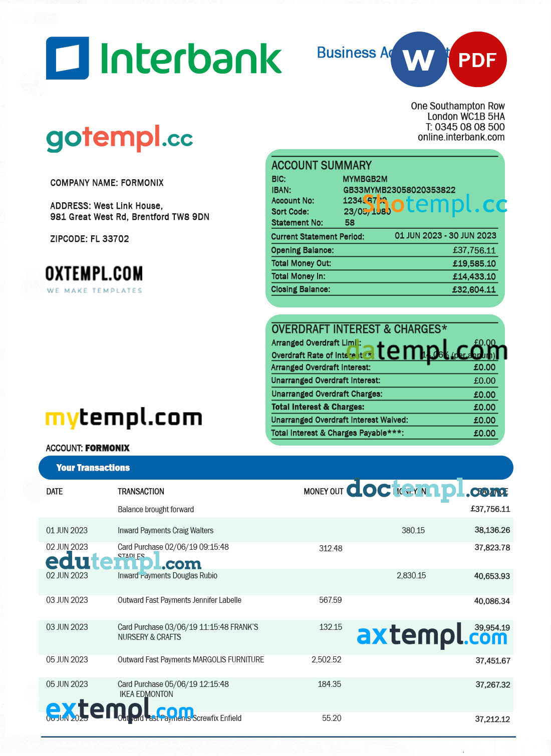 editable template, Interbank organization account statement Word and PDF template