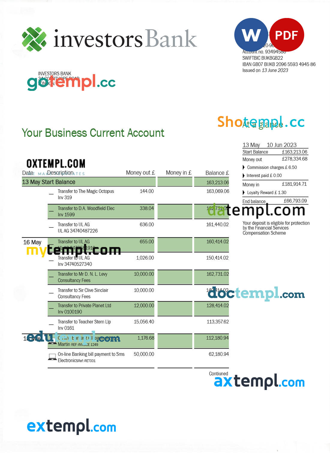 editable template, Investors Bank business checking account statement Word and PDF template