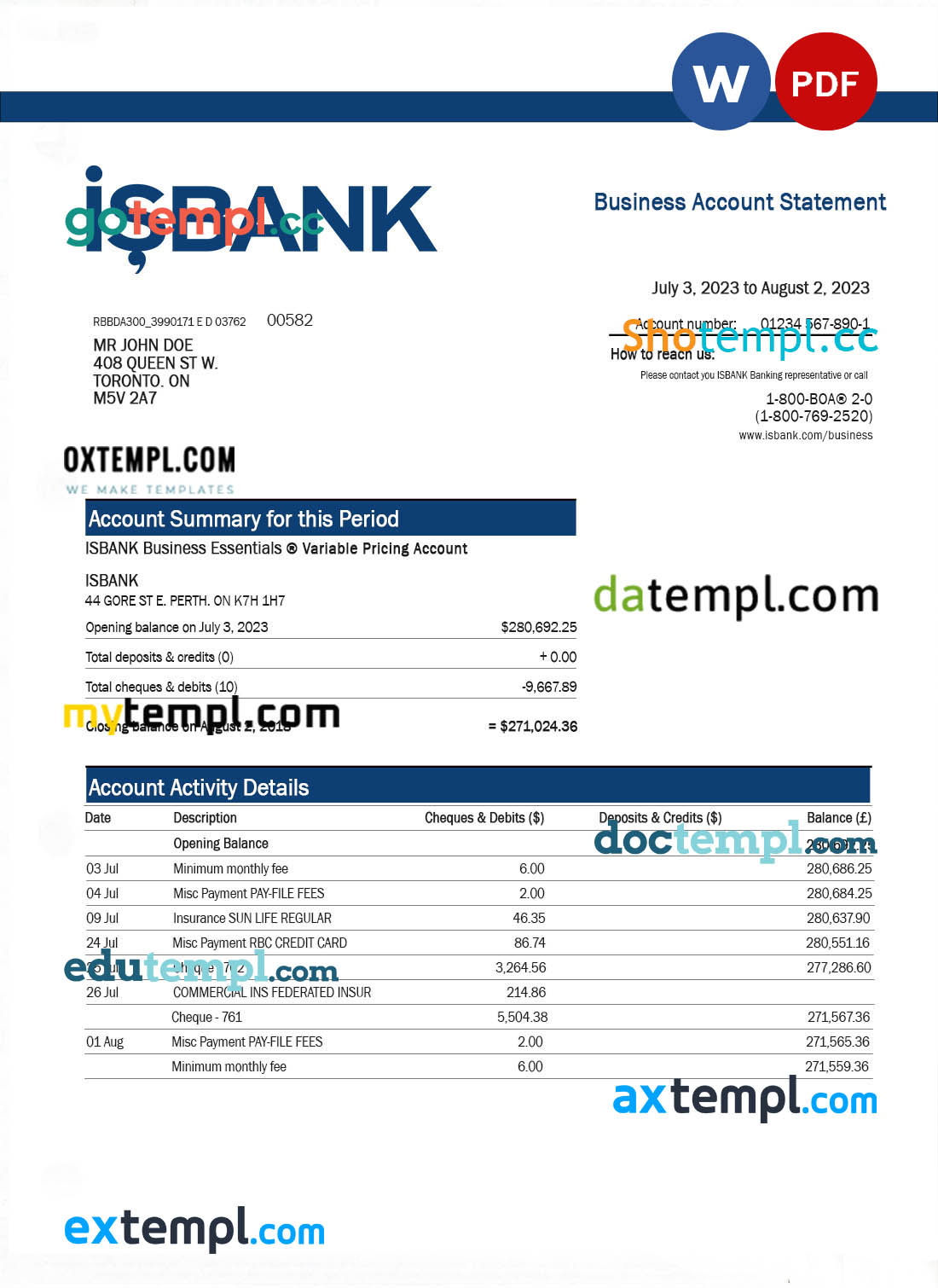 editable template, ISBANK corporate checking account statement Word and PDF template