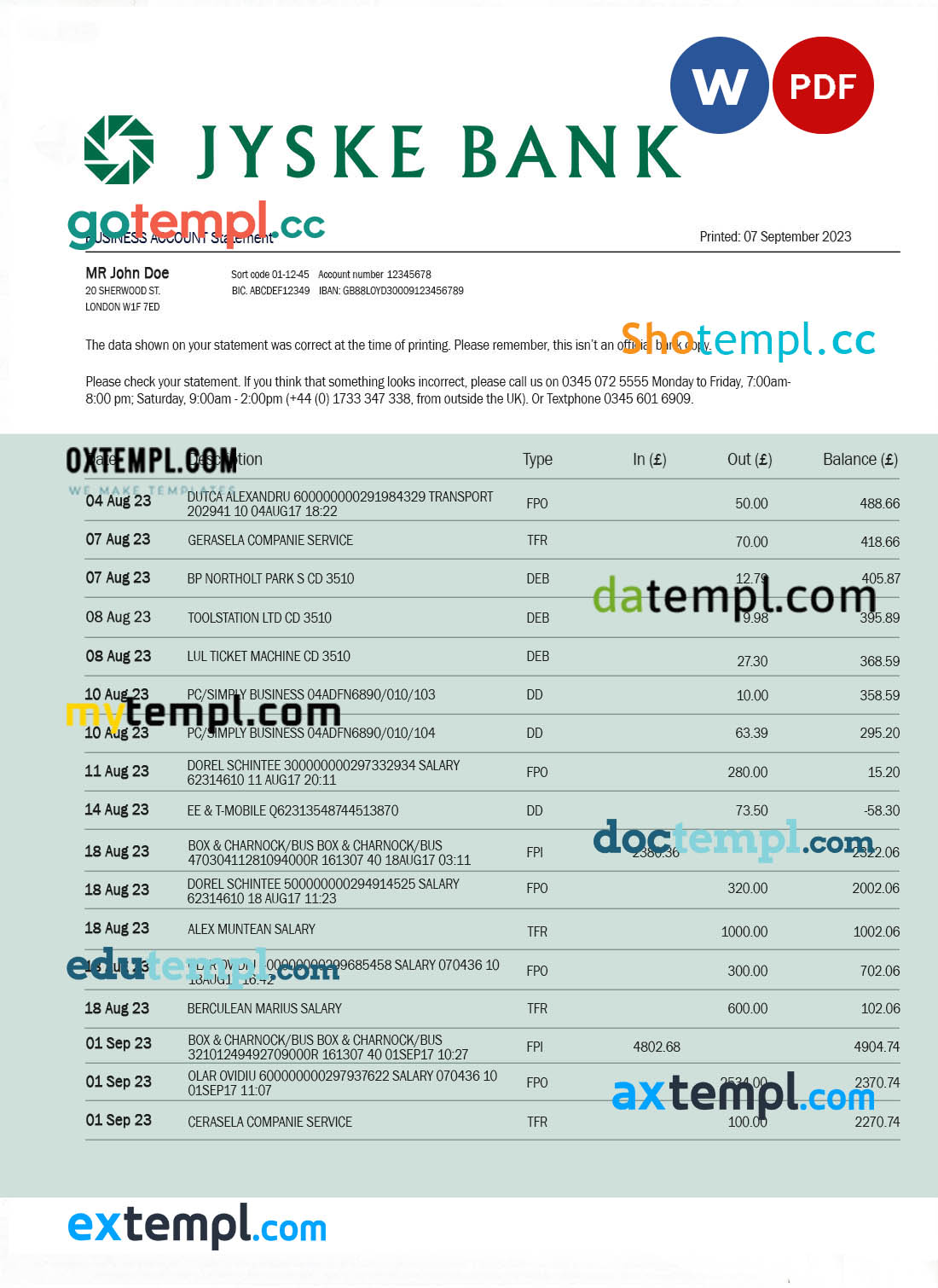 editable template, JYSKE Bank business statement Word and PDF template