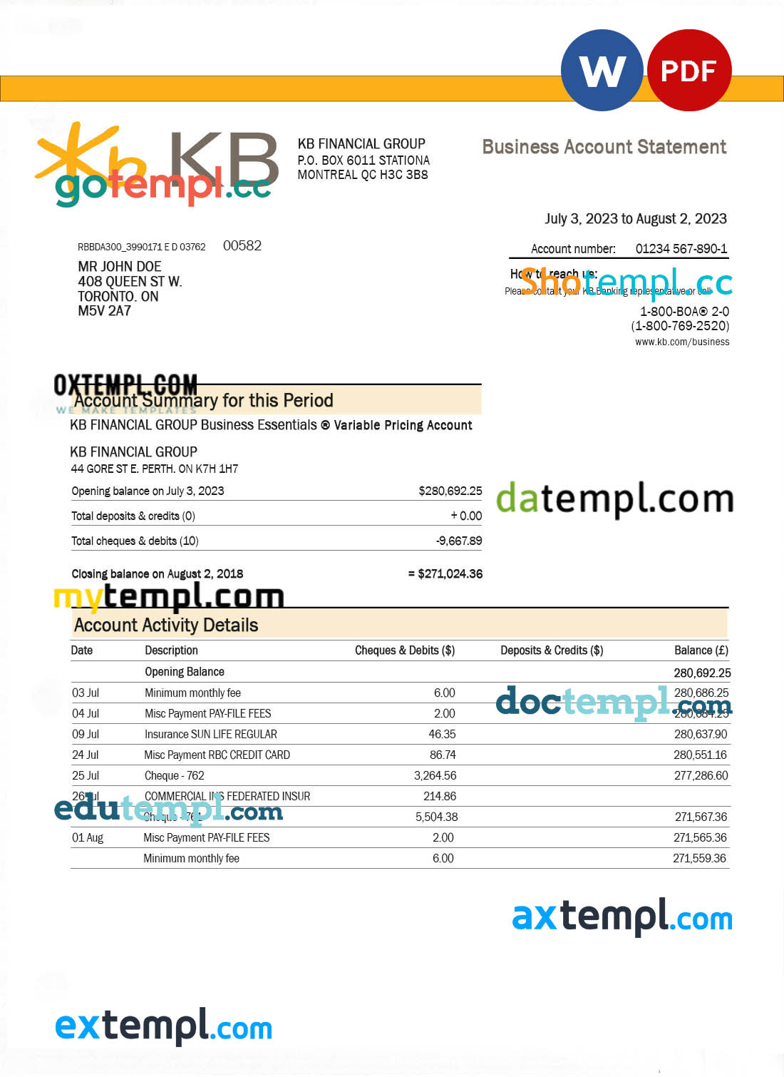 editable template, KB Financial Group bank company checking account statement Word and PDF template