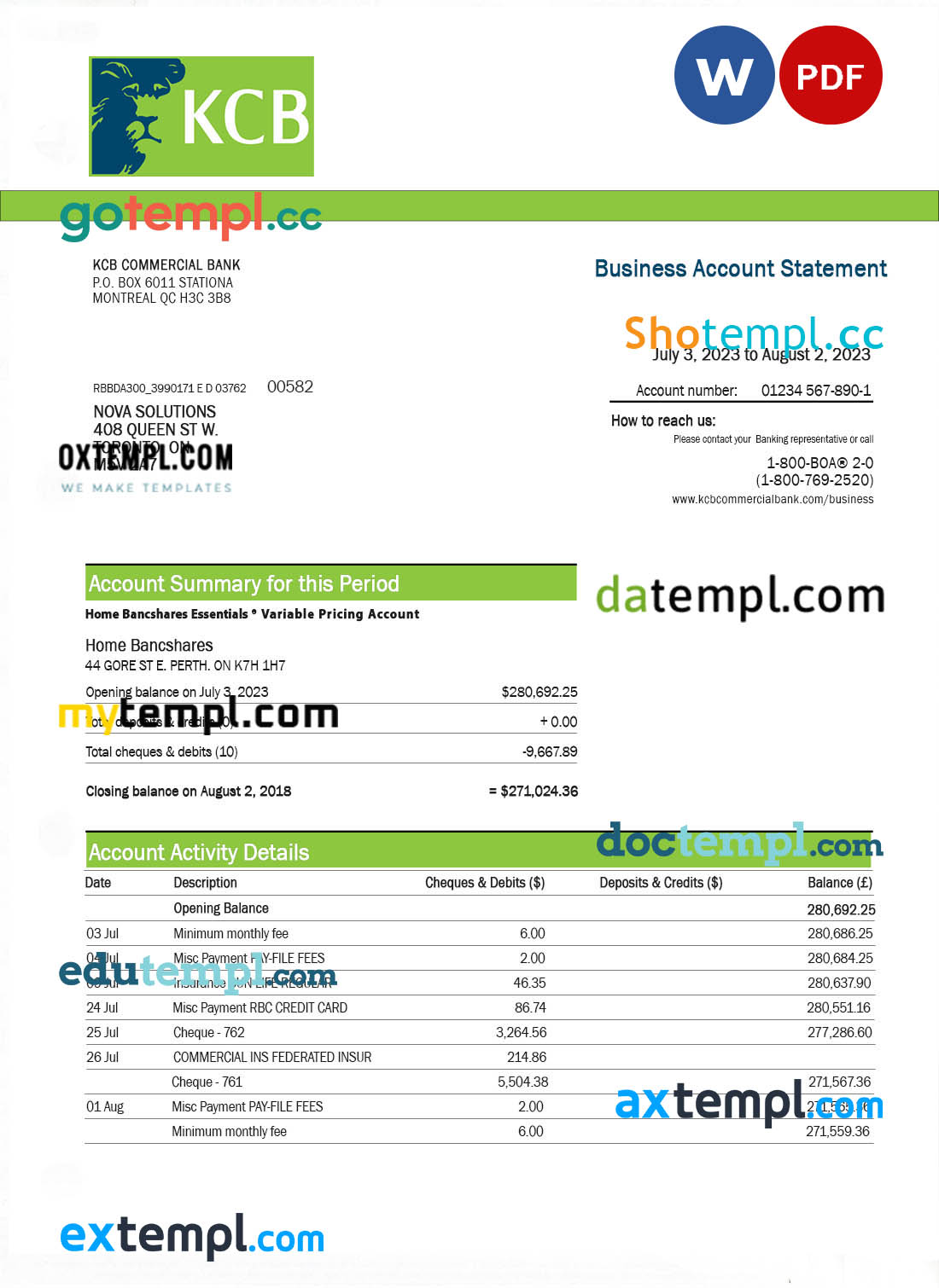 editable template, Kenya Commercial Bnak firm account statement Word and PDF template