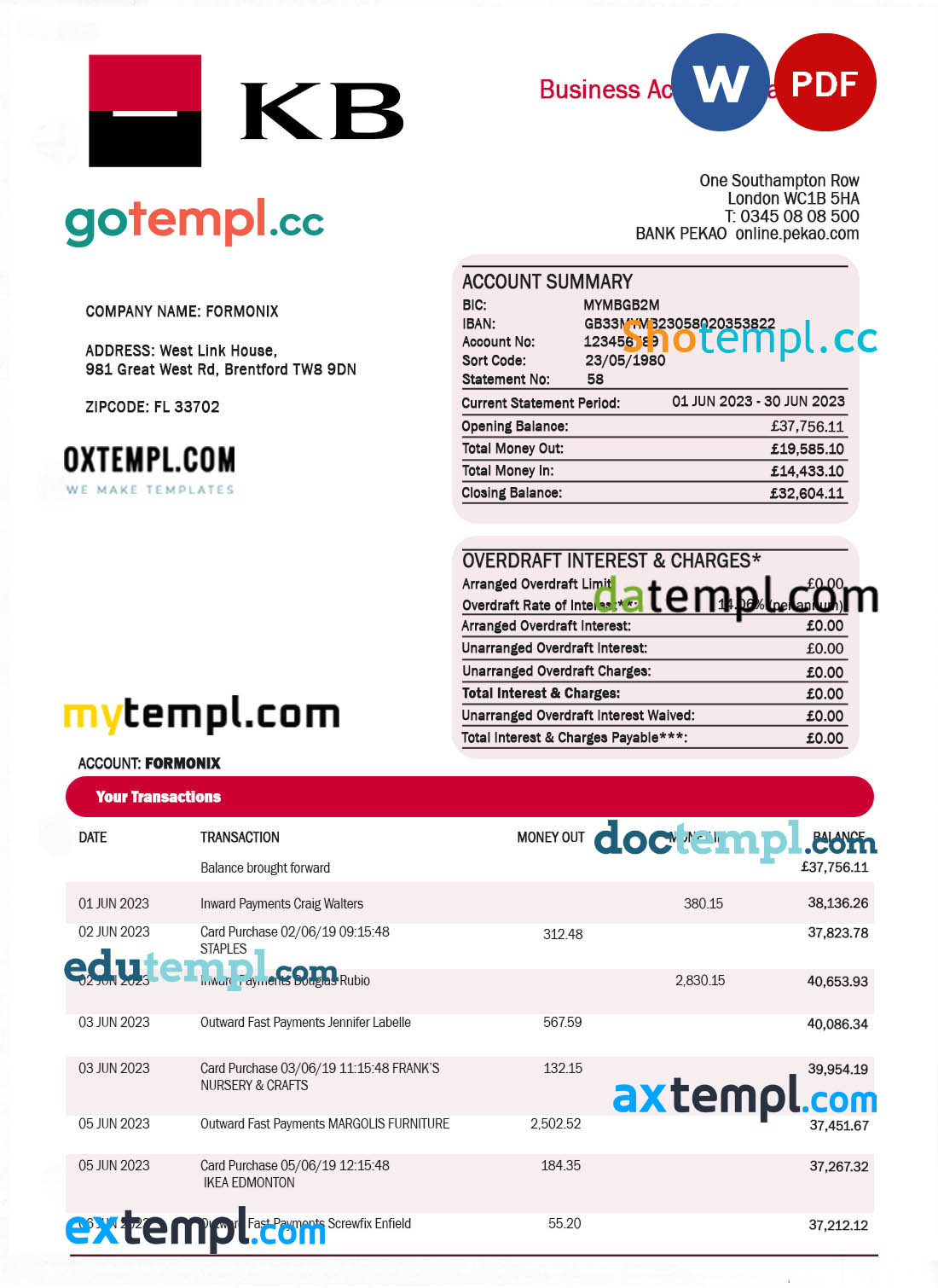 editable template, KOMERCNI banka corporate checking account statement Word and PDF template