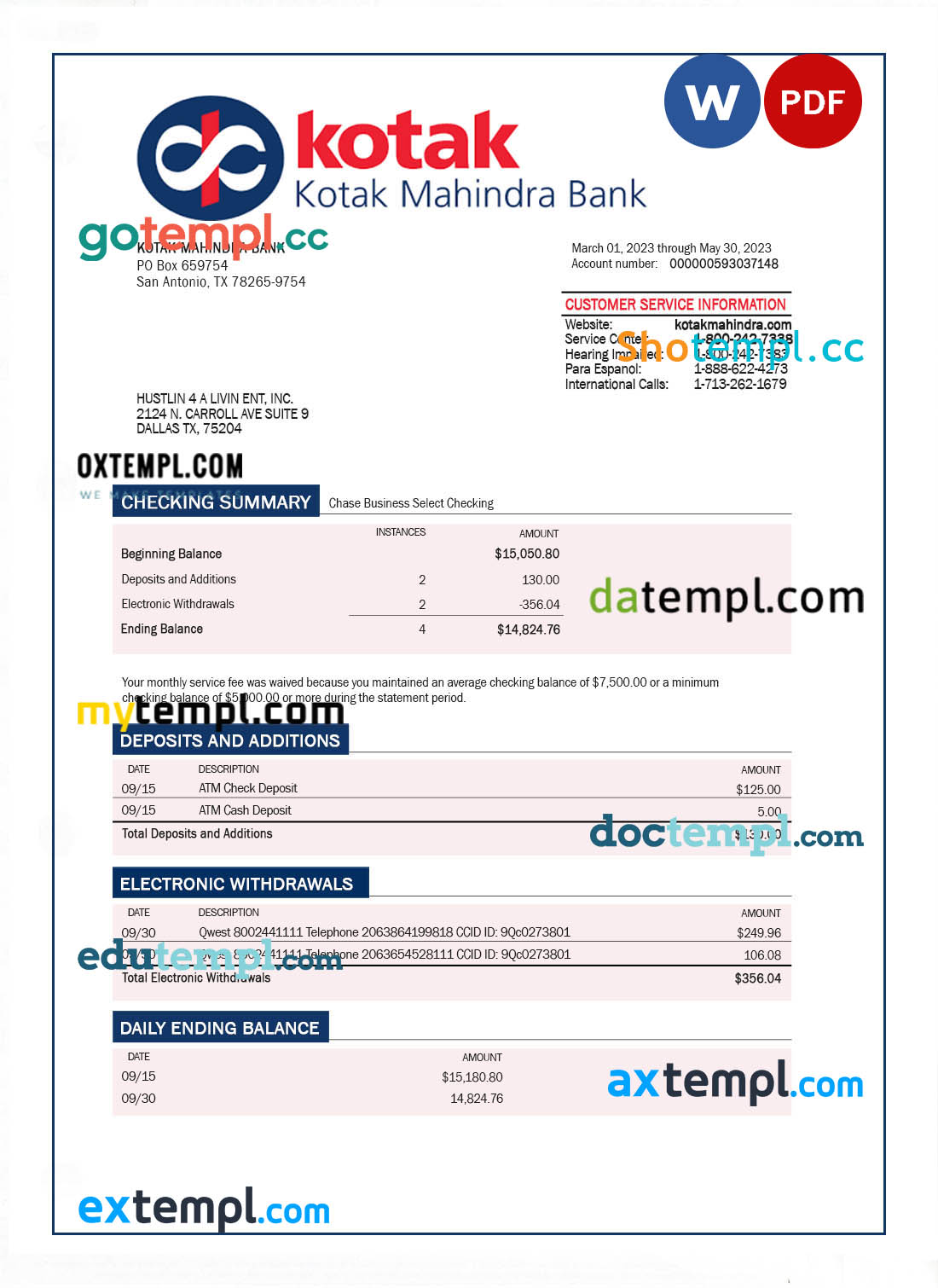 editable template, KOTAK Mahindra Bank enterprise statement Word and PDF template