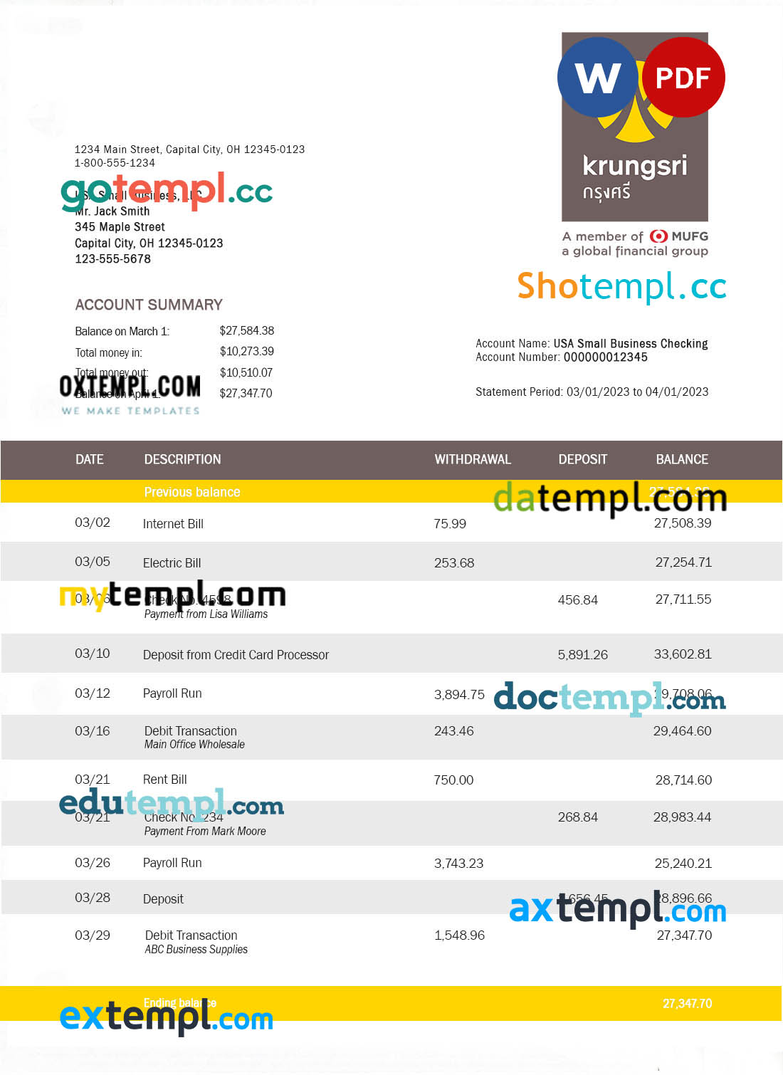editable template, KRUNGSRI-Bank of Ayudha business statement Word and PDF template