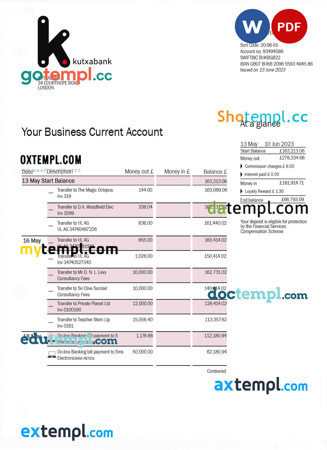 editable template, Kutxabank company account statement Word and PDF template