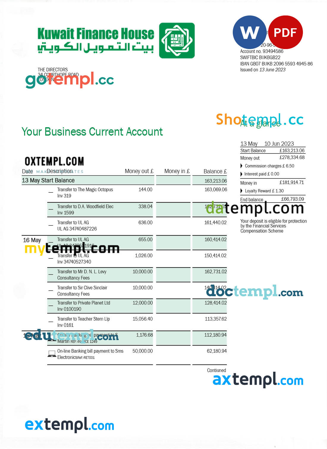 editable template, KUWAIT Finance House Bank firm account statement Word and PDF template