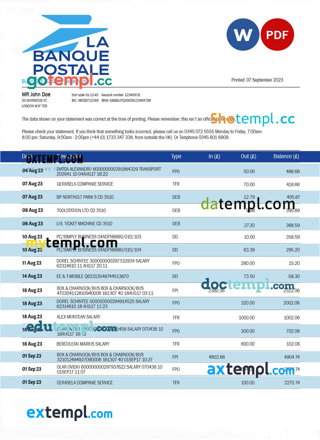 editable template, LA Banque Postale firm bank statement Word and PDF template