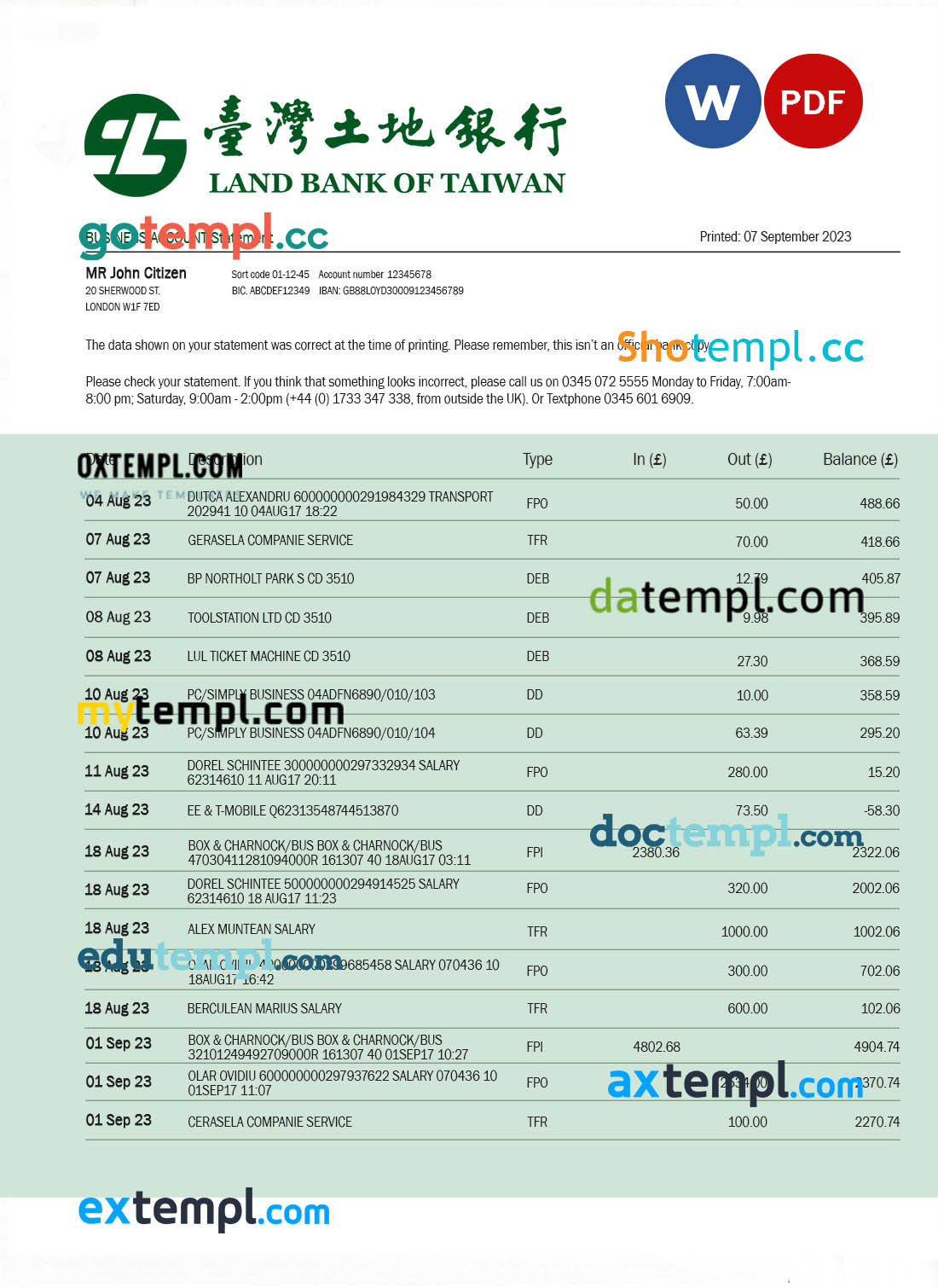 editable template, Land Bank of Taiwan firm account statement Word and PDF template