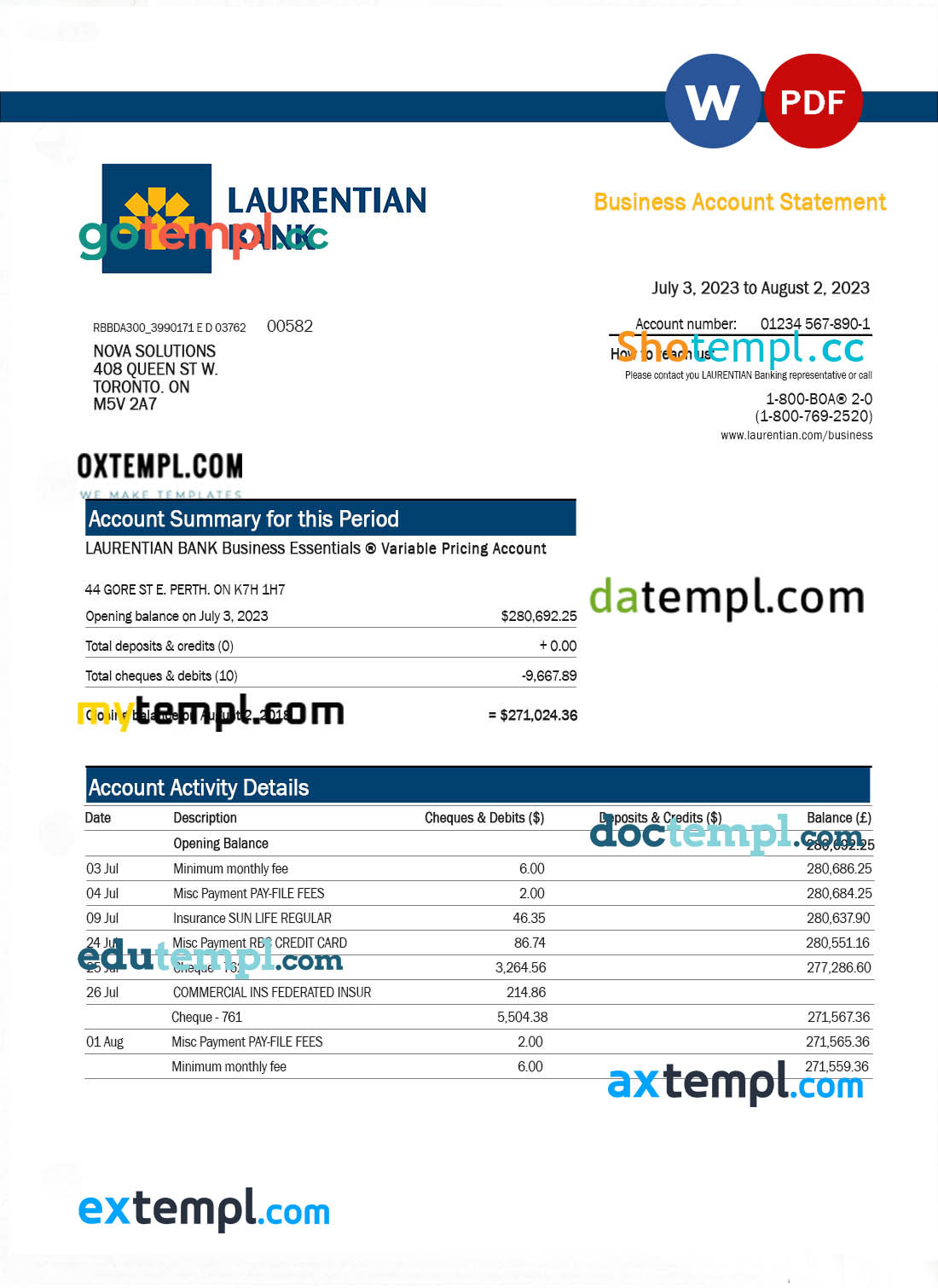 editable template, Laurentian Bank enterprise account statement Word and PDF template