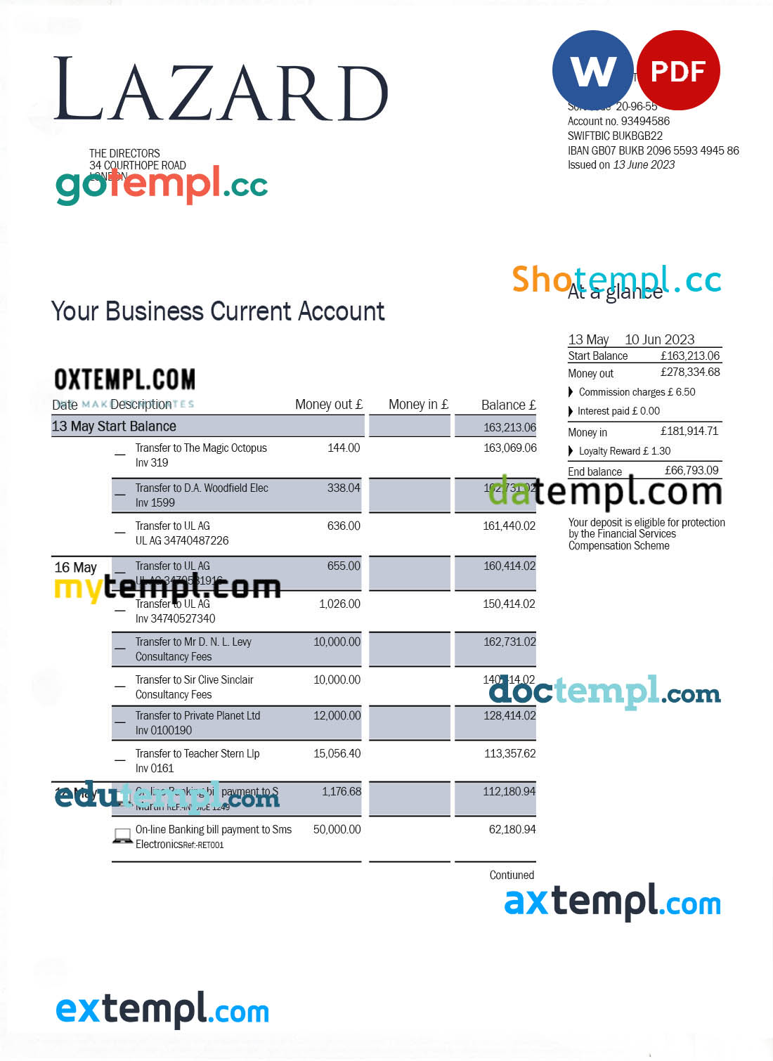 editable template, LAZARD Bank business statement Word and PDF template