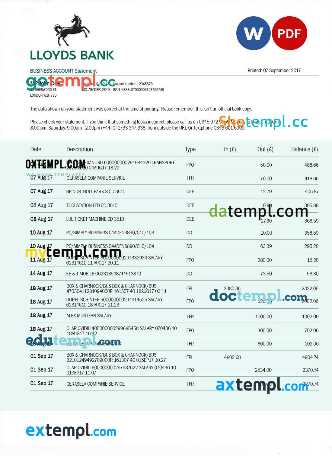 editable template, LIOYDS Bank organization account statement Word and PDF template