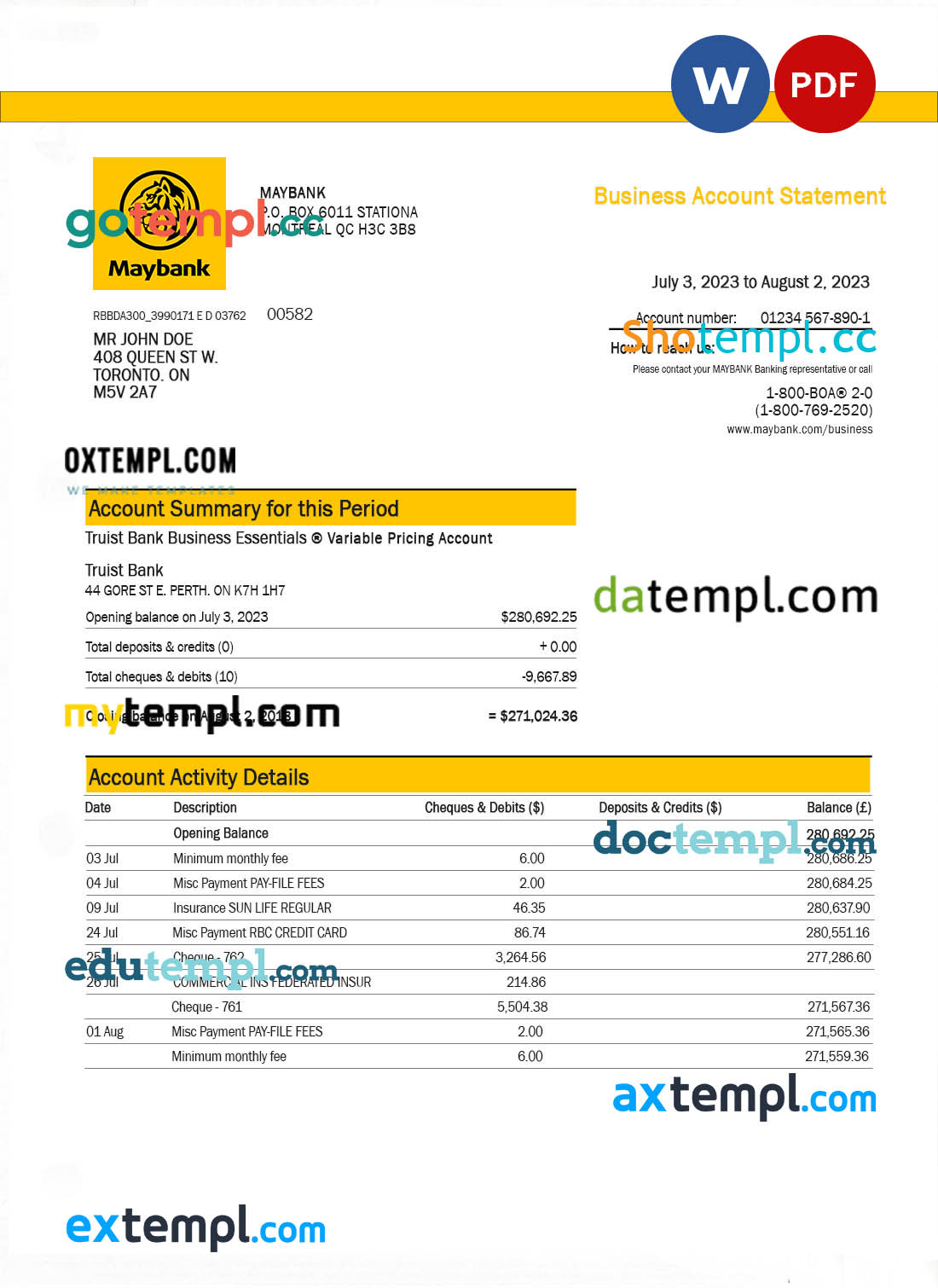 editable template, MAYBANK business bank statement Word and PDF template