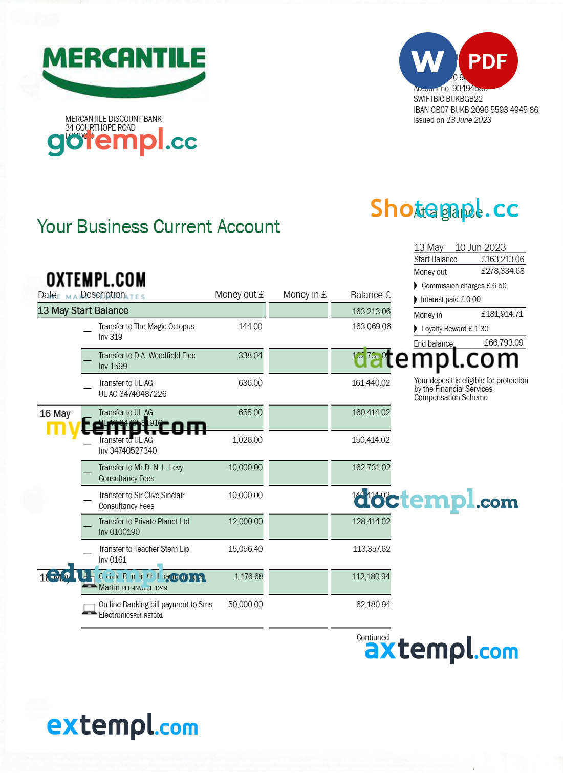 editable template, Mercantile Discount Bank business statement Word and PDF template