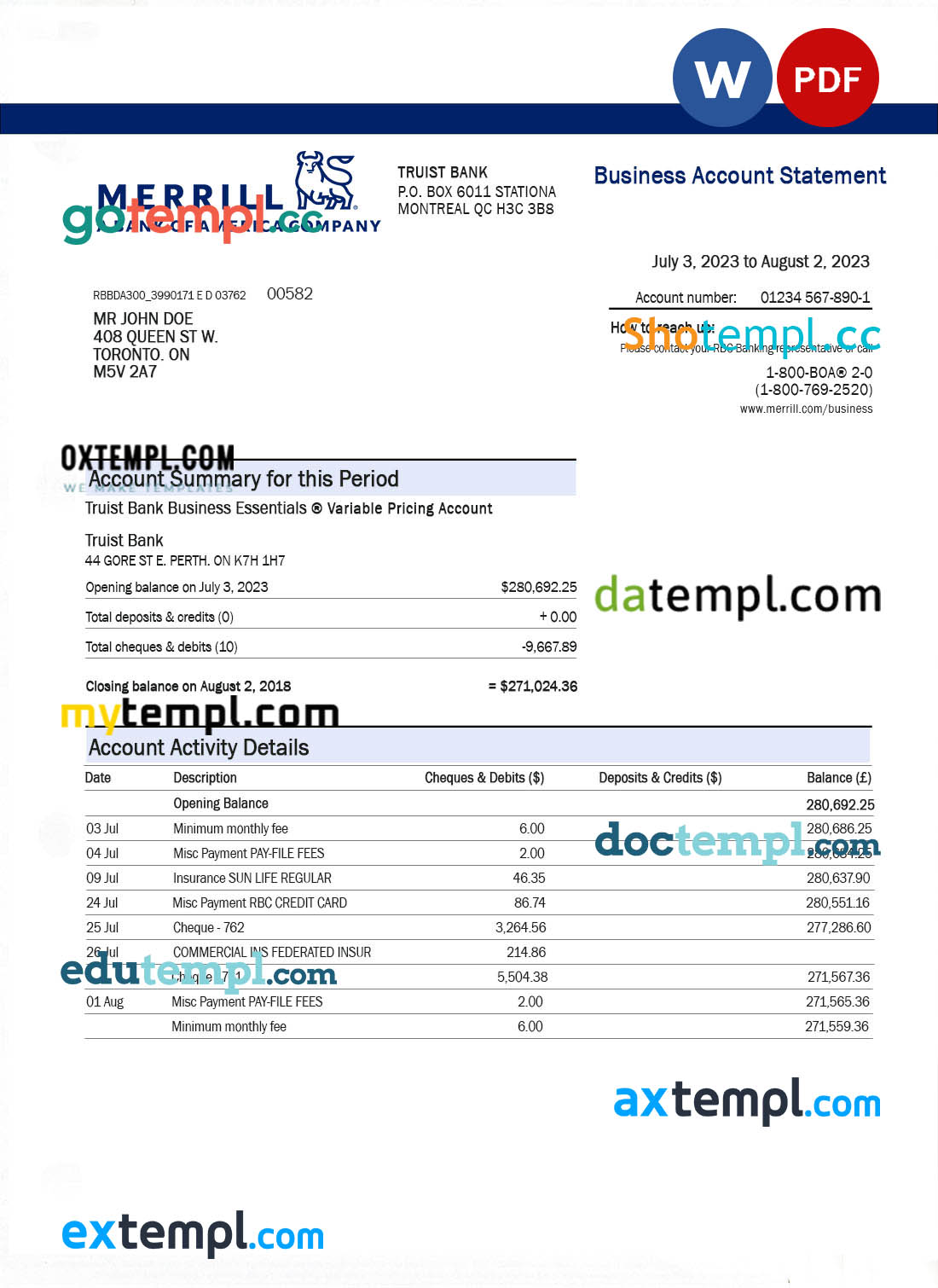 editable template, MERRILL Bank organization account statement Word and PDF template