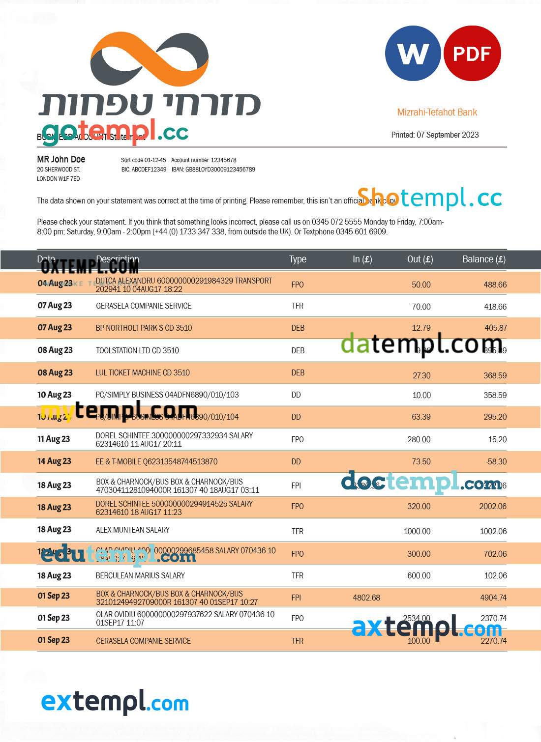 editable template, MIZRAHI-Tefahot Bank organization statement Word and PDF template