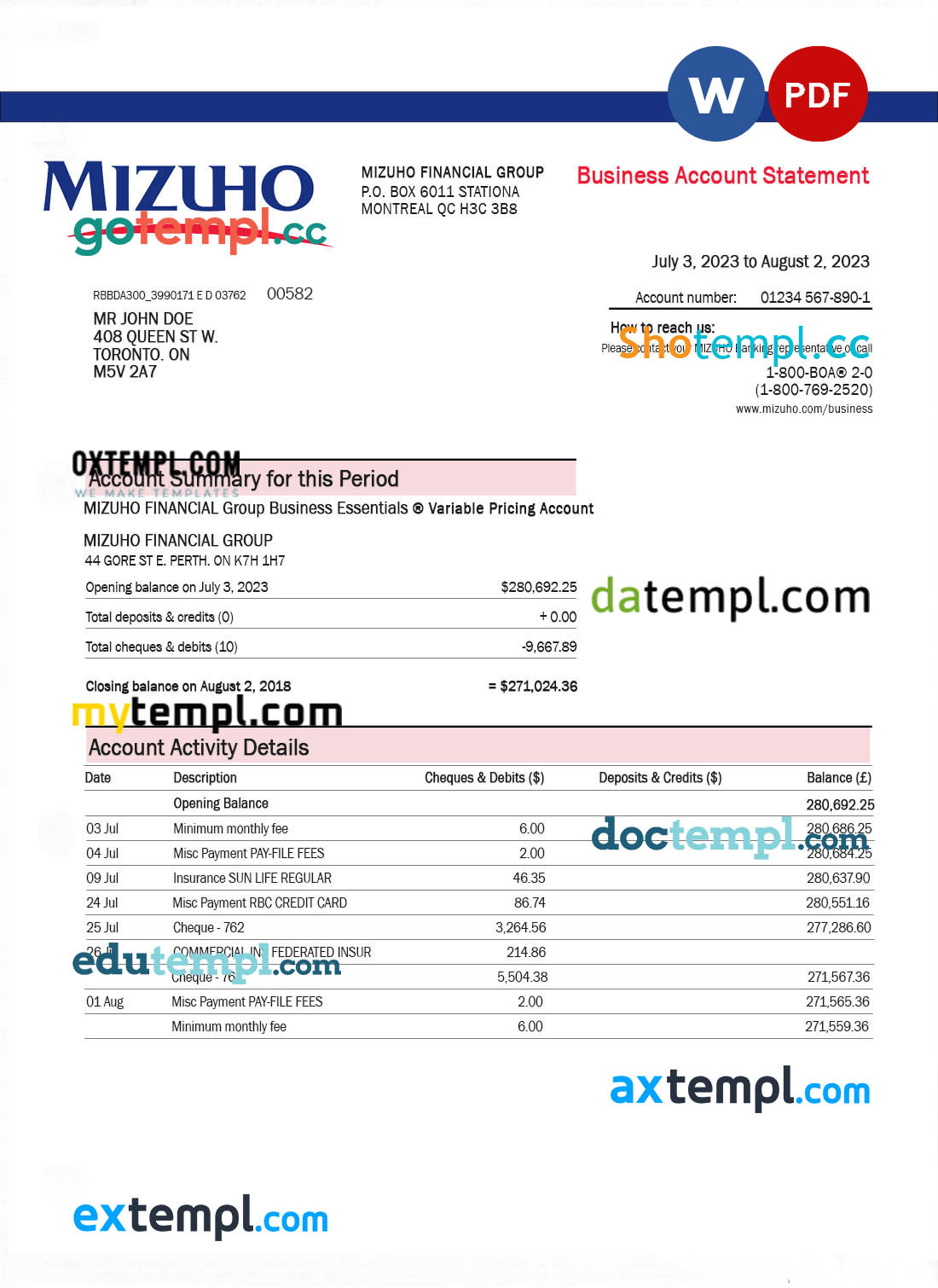 editable template, MIZUHO Financial Group bank company account statement Word and PDF template