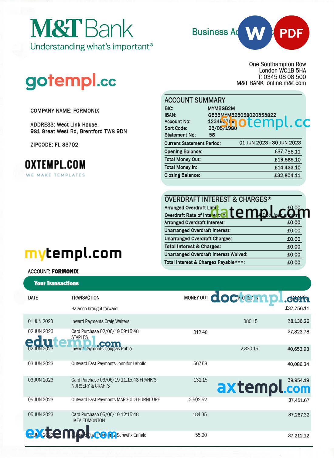 editable template, M&T Bank company statement Word and PDF template